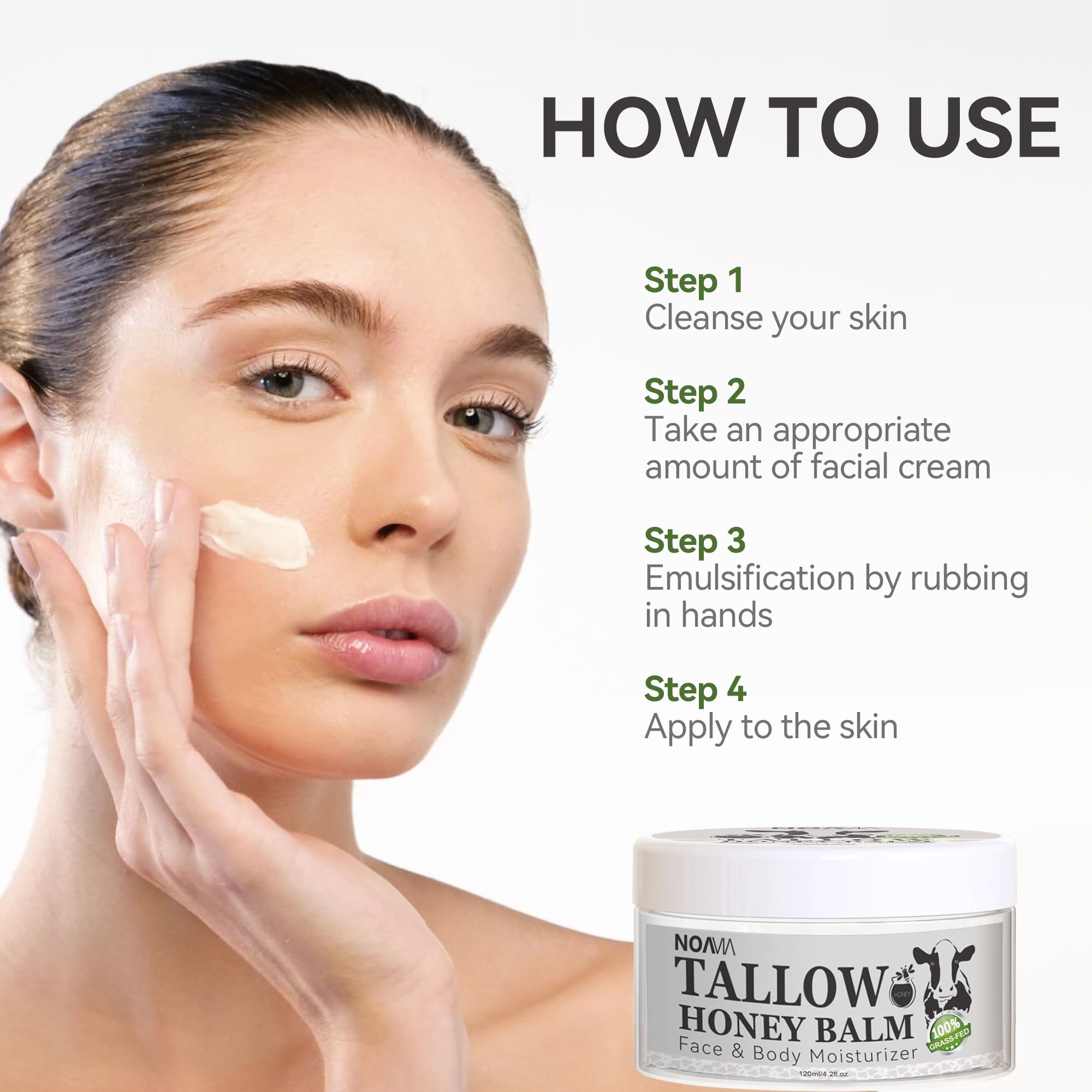 NOAVIA Beef Tallow and Honey Balm, Beef Tallow Moisturizer for Skin, Tallow Face Cream Moisturizes Face and Body,Grass Fed Tallow Honey Balm Soothes and Calms Sensitive Skin, 4.23oz