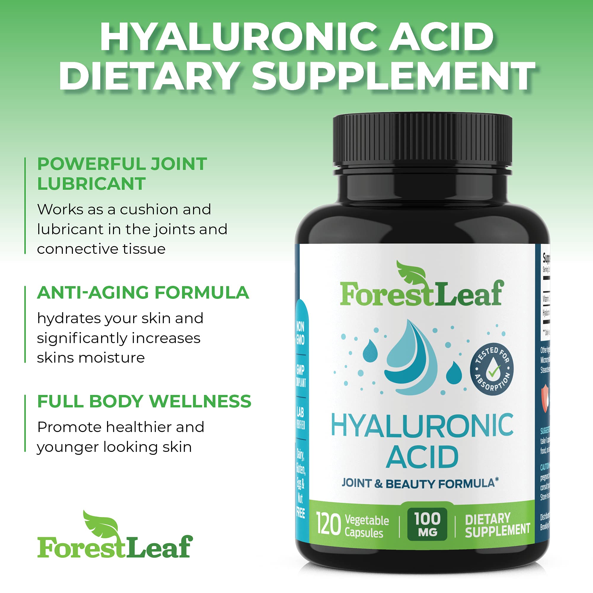 ForestLeaf - Hyaluronic Acid Supplements - 120 Vegetable Capsules - 100mg Dietary Hyaluronic Acid + 50mg Vitamin C Joint & Anti Aging Beauty Formula - Supports Skin Hydration, Joints, Bones & Hair