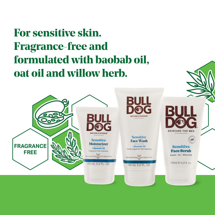 Bulldog Mens Skincare and Grooming Sensitive Full Face Kit with Sensitive Moisturizer, Sensitive Face Wash and Sensitive Face Scrub