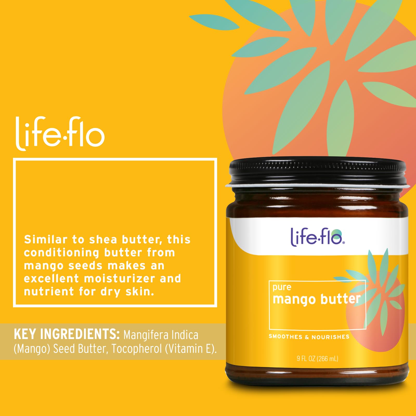 Life-flo Pure Mango Butter, Soothing Moisturizer for Dry Skin Care, Smooths and Nourishes, Doubles as Lip Balm, Nail / Cuticle Cream, Hand and Body Lotion, 60-Day Guarantee, Not Tested on Animals, 9oz