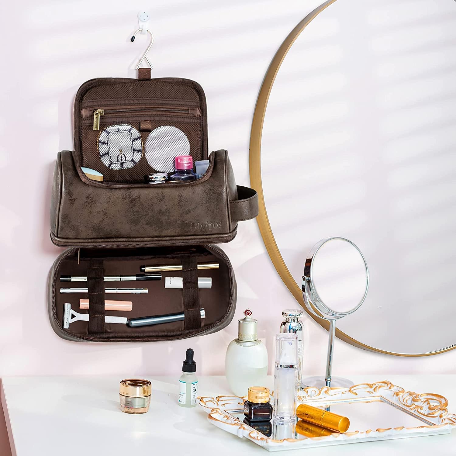Elviros Toiletry Bag, Mens Leather Travel Organizer Kit with hanging hook, Large Water-resistant Toiletries Bathroom Shaving Bags for Women (Coffee)