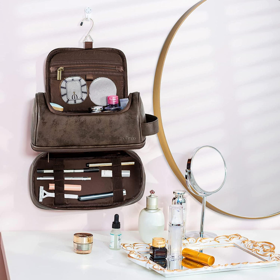 Elviros Toiletry Bag, Mens Leather Travel Organizer Kit with hanging hook, Large Water-resistant Toiletries Bathroom Shaving Bags for Women (Coffee)