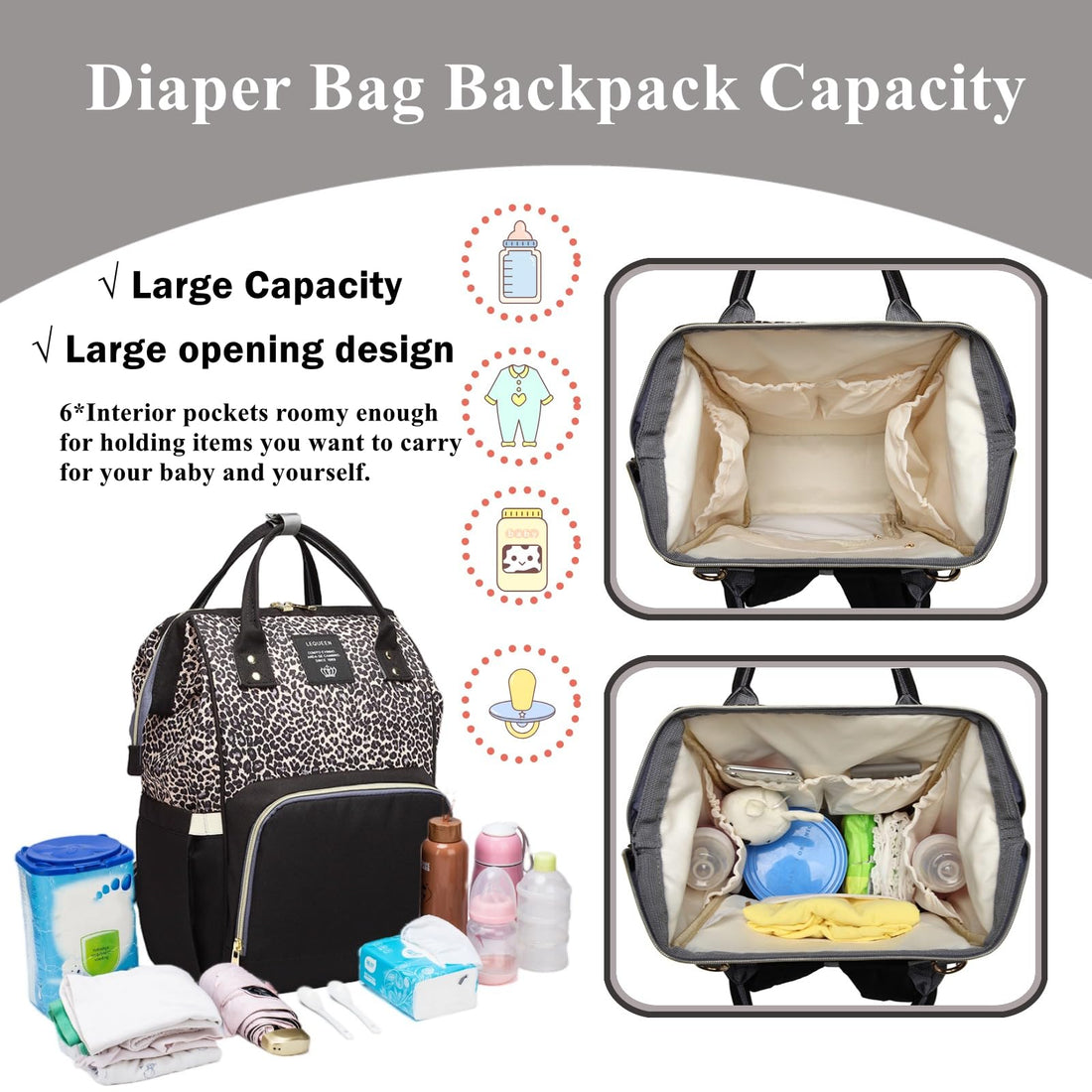 Armbq Leopard Print Diaper Bag Backpack Multi-Function Diaper Bag for Baby Care Waterproof Travel Baby Bag for Mom Brown