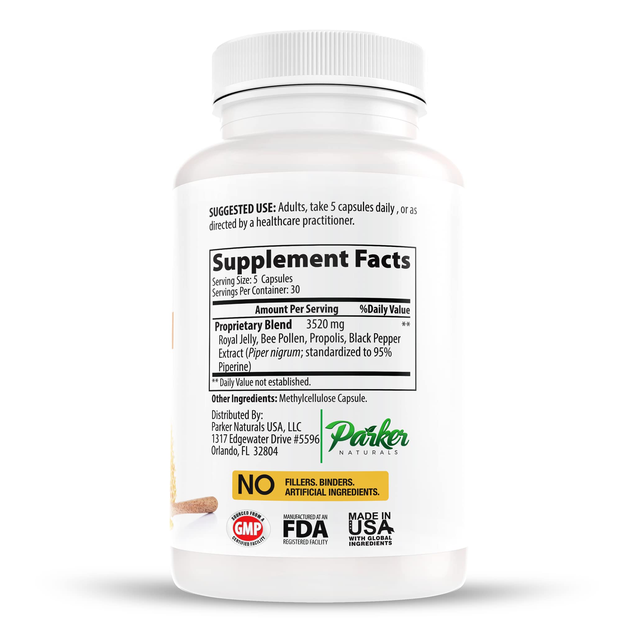 Parker Naturals Supreme Bee Pollen Capsules, 3520 mg Royal Jelly, Bee Pollen and Propolis Capsules, Natural Supplement for Adults, 150 Count