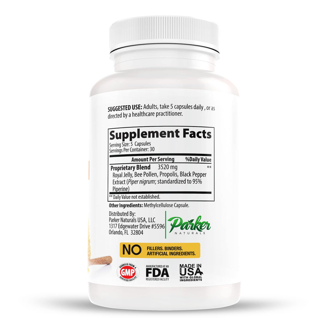 Parker Naturals Supreme Bee Pollen Capsules, 3520 mg Royal Jelly, Bee Pollen and Propolis Capsules, Natural Supplement for Adults, 150 Count