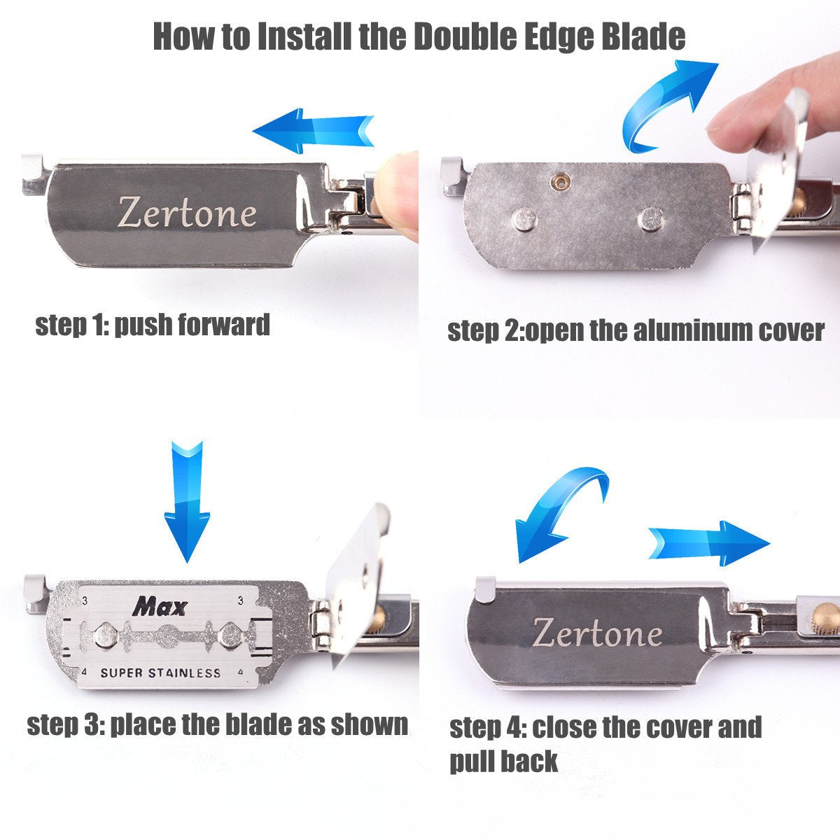 Zertone Aluminum: Straight Edge Razor Natural Wood Scale With Five Double Edge Blades - Professional And Close Shaving - Men'S Manual Shaver, Barber Approved