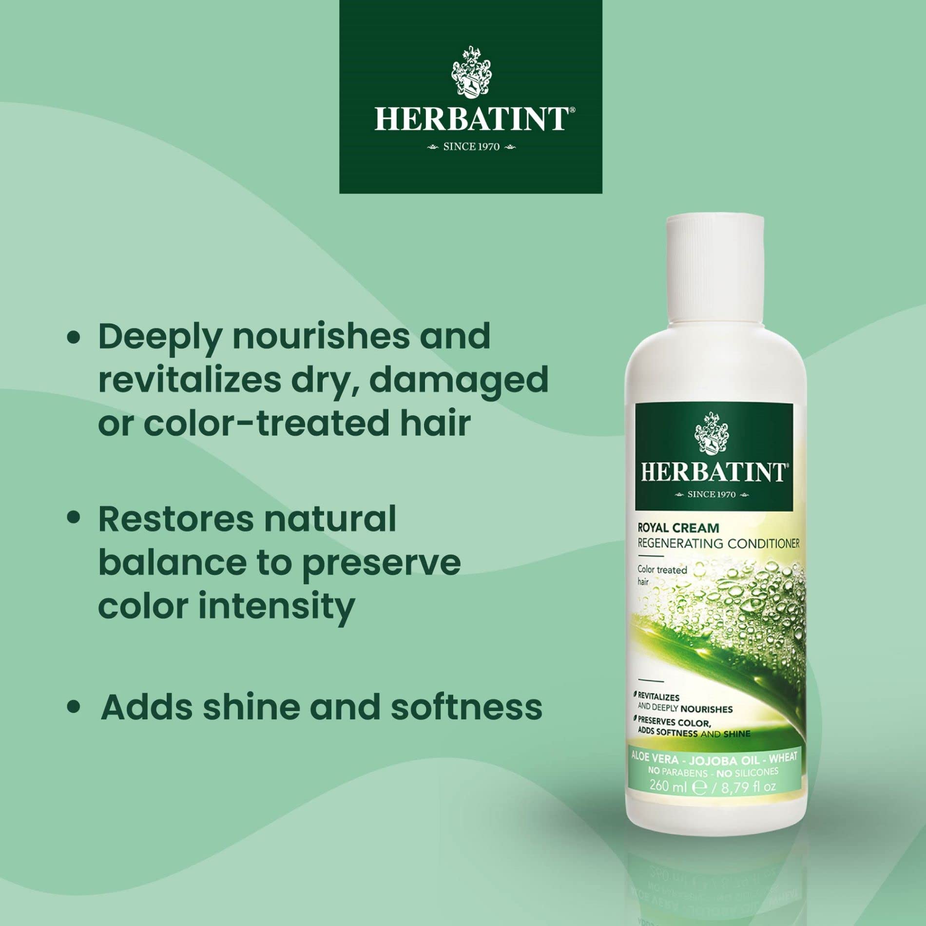 Herbatint Royal Cream Conditioner - With Aloe Vera, Jojoba Oil & Wheat Germ - Enhances Color, Softness & Shine - No Parabens, Sulfates, Gluten - 8.79 fl oz