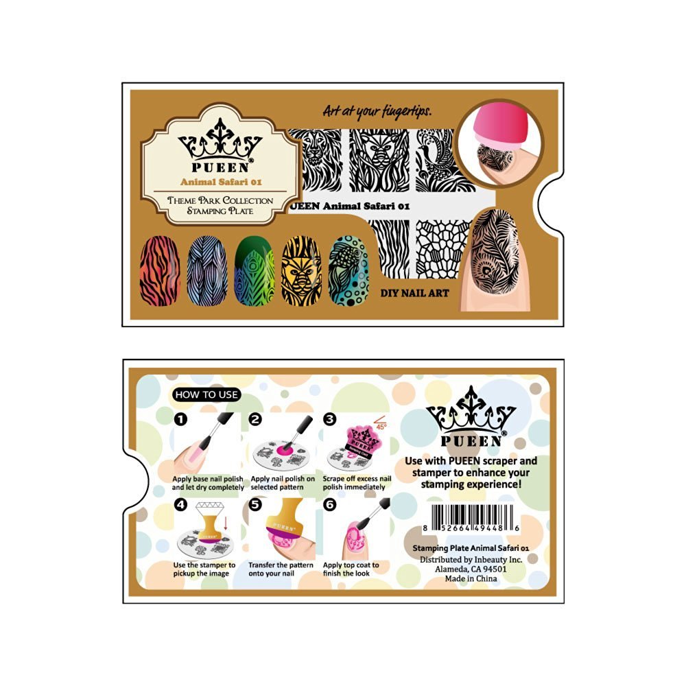PUEEN Nail Art Stamping Plate - Animal Safari 01 - Theme Park Collection 125x65mm Unique Nailart Polish Stamping Manicure Image Plates Accessories Kit - BH000713