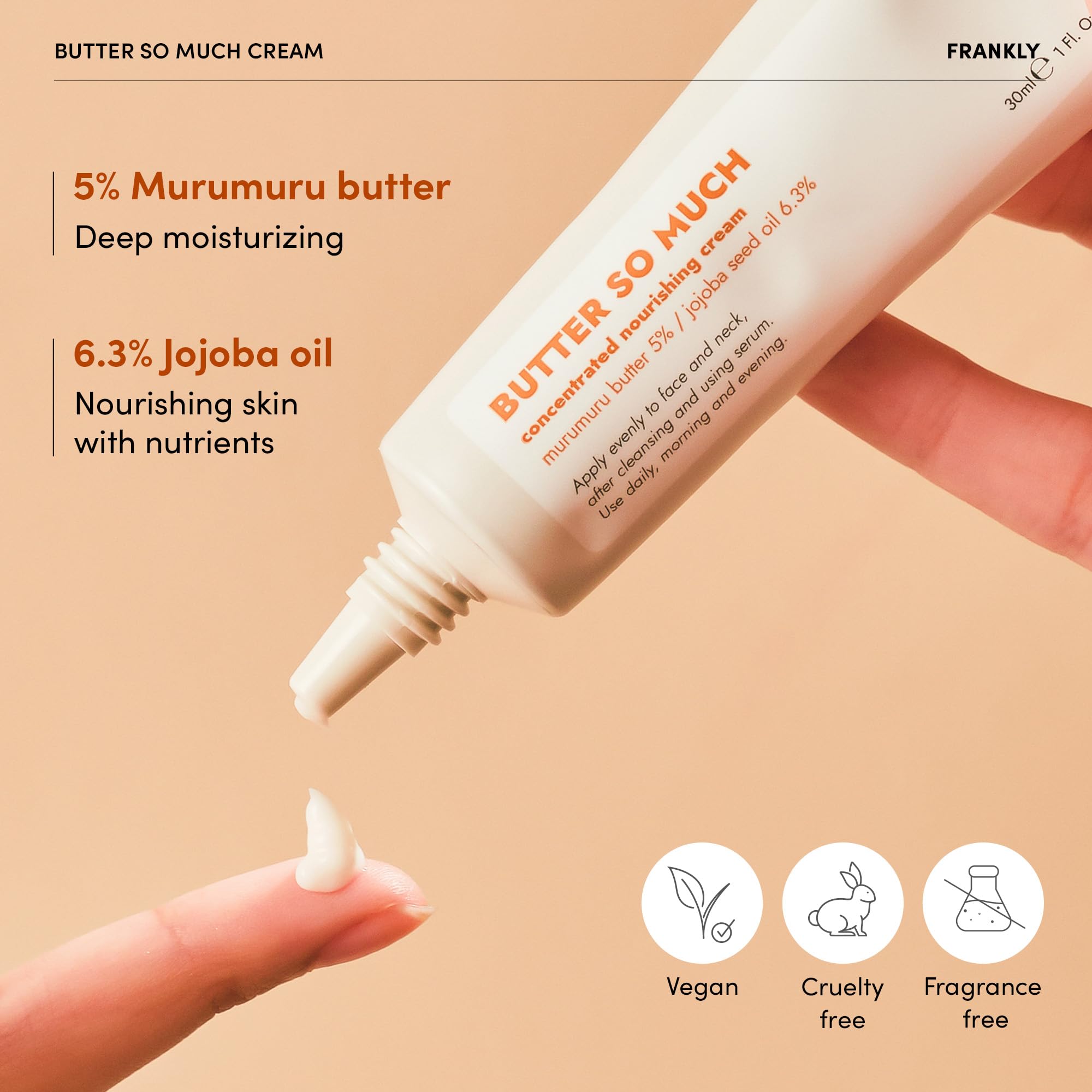 FRANKLY Butter So Much Cream - Intense Moisturizing | Face Moisturizer | 20% Vegan Butter & Plant Oils | 5% Murumuru Butter & 6.3% Jojoba | For Dry & Sensitive Skin | - 1.01 fl. Oz.
