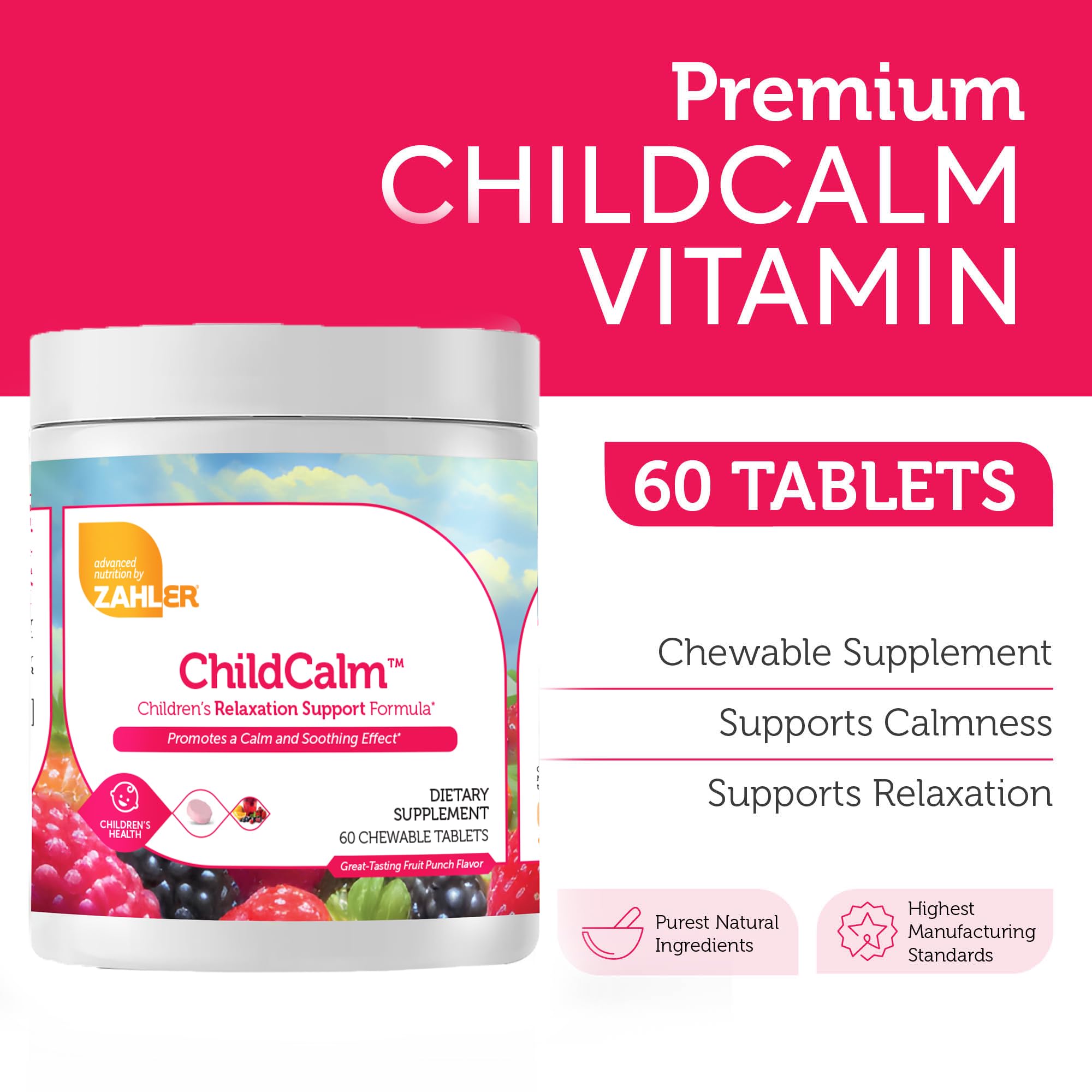 Zahler ChildCalm, Kosher Fruit Punch Chewable Magnesium for Kids - Natural Calm, Mood Support, and Relaxation - Calming Kids Magnesium Supplement Childrens Magnesium, 60 Tablets