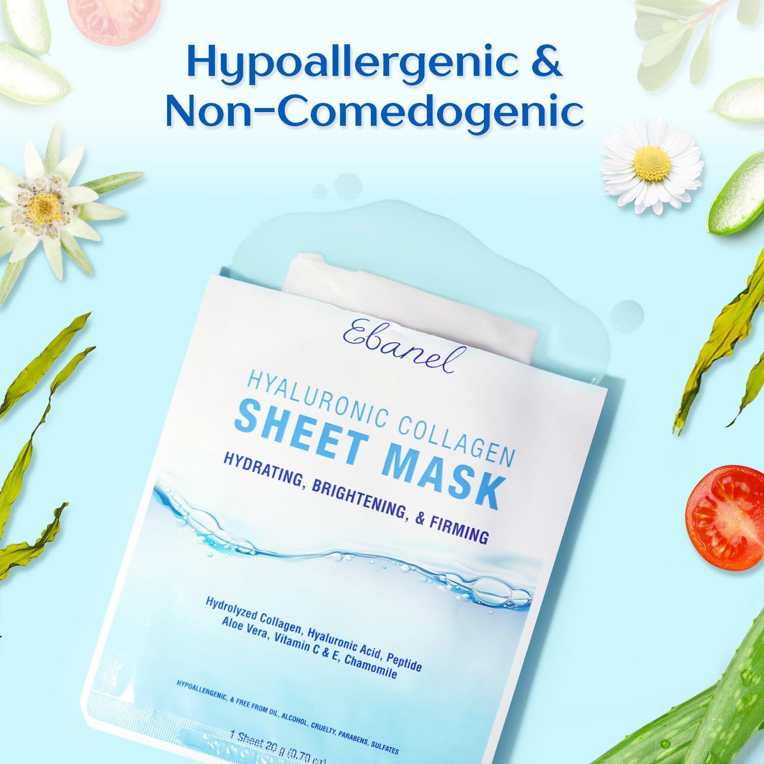 Ebanel 10 Pack Collagen Face Mask, Instant Brightening & Hydrating Face Sheet Mask with Aloe Vera, Hyaluronic Acid, Vitamin C and E, Chamomile, Anti Aging Face Mask with Hydrolyzed Collagen, Peptide