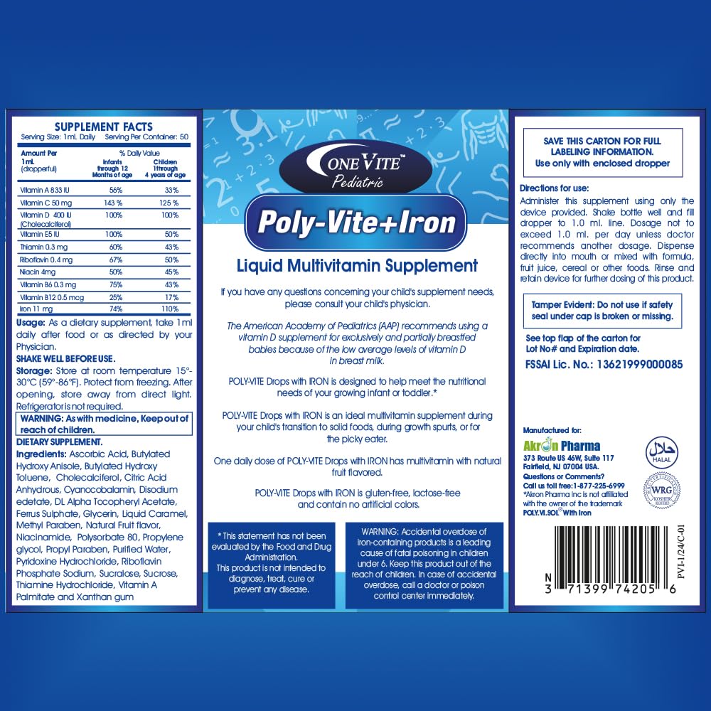 Poly-Vite+Iron Multivitamin Iron Drops for Infants & Toddlers – Supports Strong Growth, Brain Development, Immune Health – No Artificial Colors, Gluten-Free, 50mL Dropper Bottle by One Vite