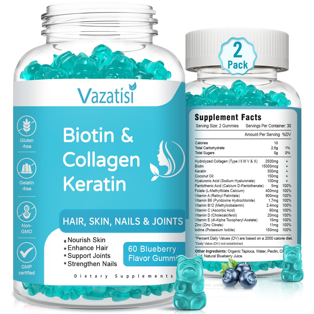 2 Pack Biotin Gummies with Collagen & Keratin for Hair Skin Nails- Women Men, Kids - 120 Blueberry Flavored Gummies