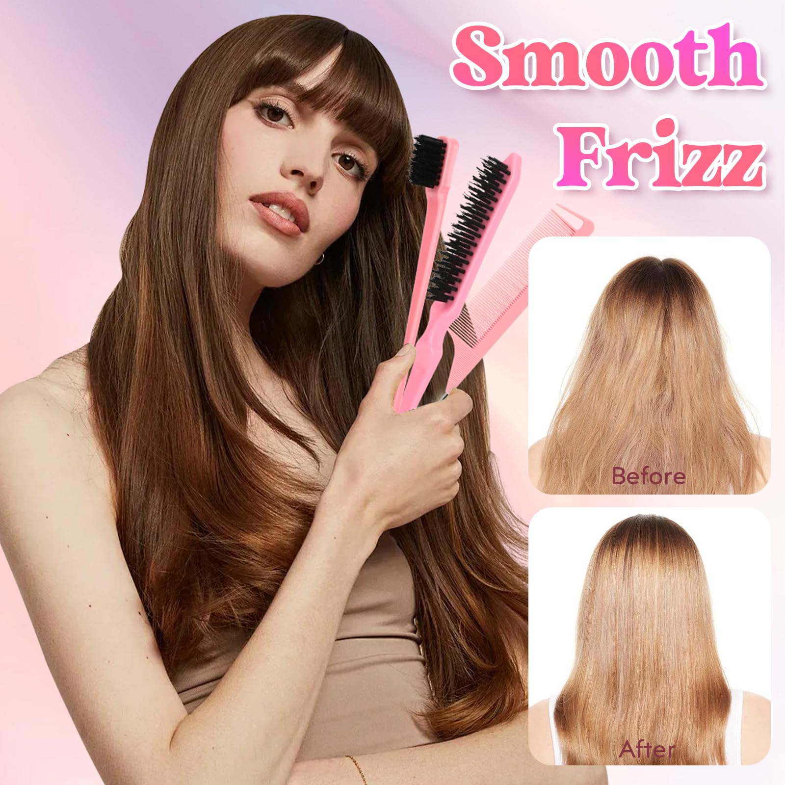 Xinfox Hair Wax Stick, Slick Back Hair Brush, Wax Stick for Flyaways, Rat Tail Comb Edge Brush Styling Tool Set Accessories for Women Girls(Pink)