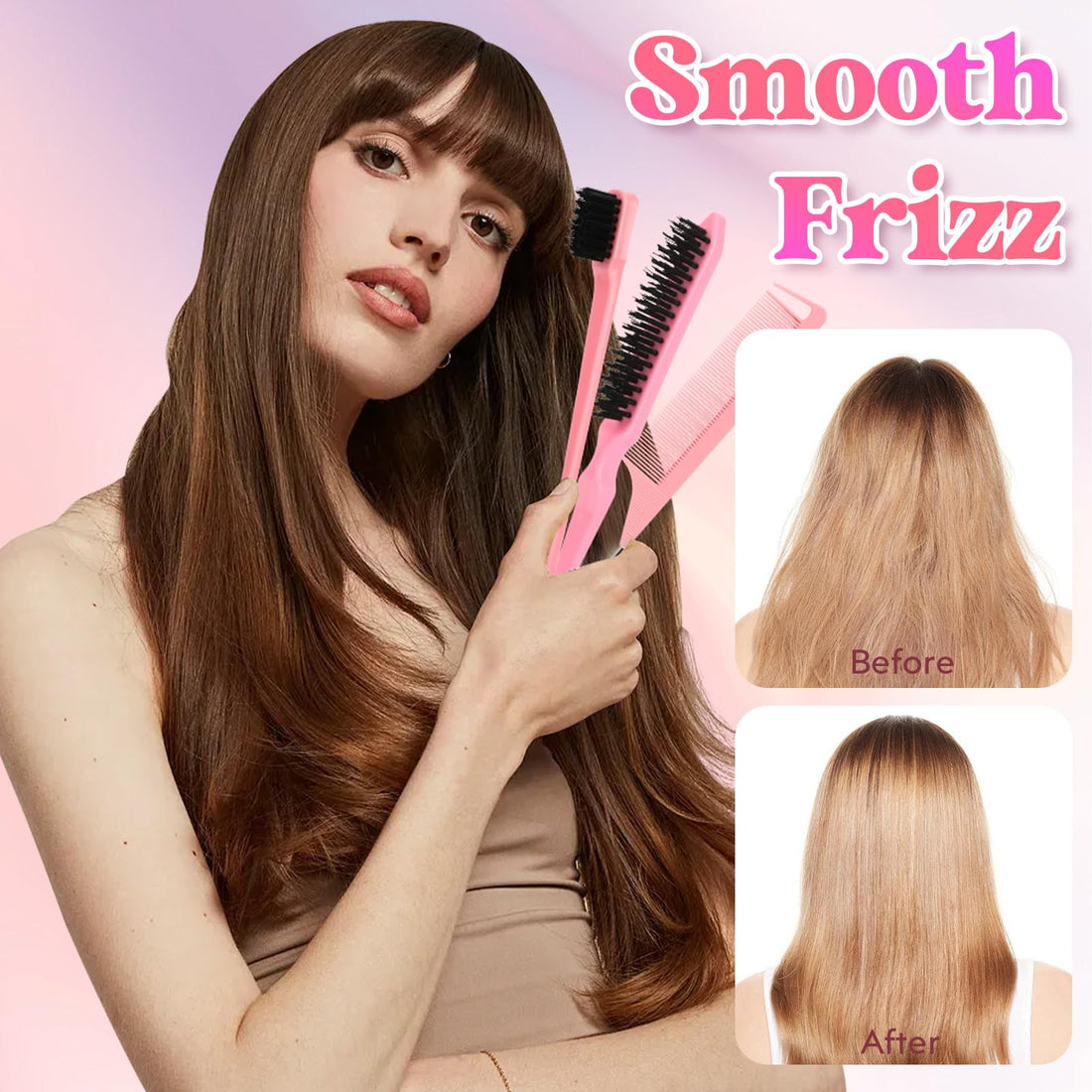 Xinfox Hair Wax Stick, Slick Back Hair Brush, Wax Stick for Flyaways, Rat Tail Comb Edge Brush Styling Tool Set Accessories for Women Girls(Pink)