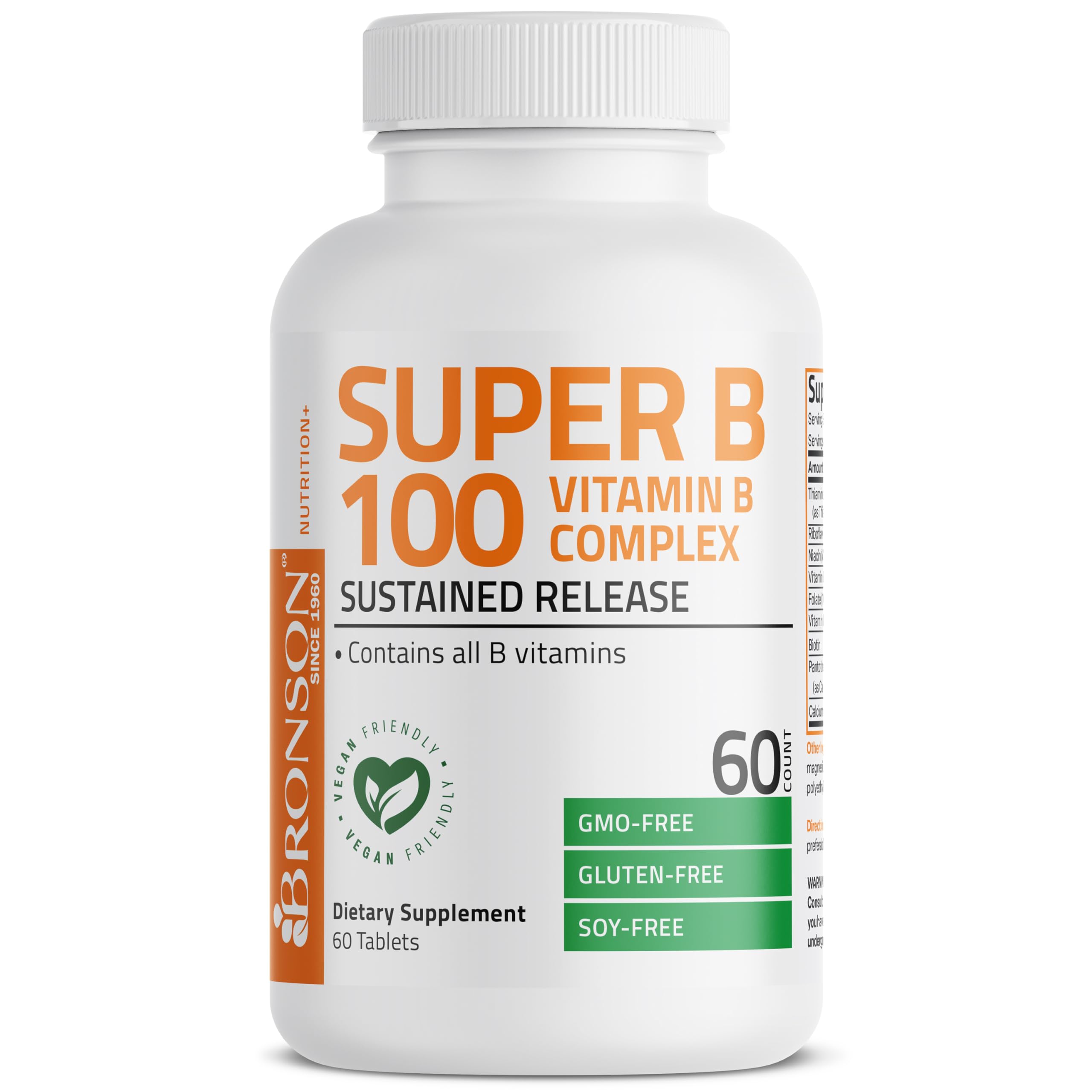 Bronson Vitamin B 100 Complex High Potency Sustained Release (Vitamin B1, B2, B3, B6, B9 - Folic Acid, B12), 60 Tablets