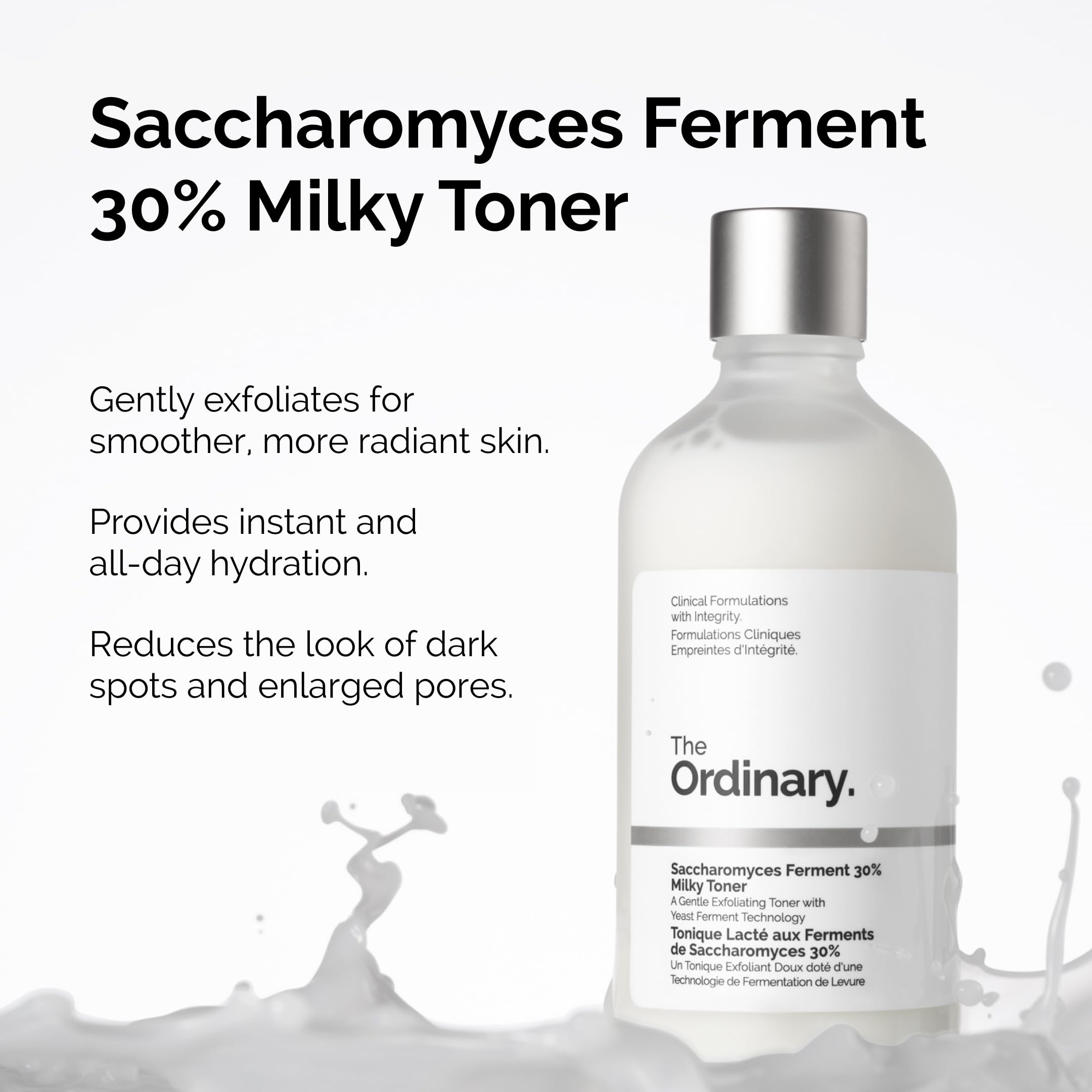 The Ordinary Saccharomyces Ferment 30% Milky Toner, Exfoliating and Hydrating Toner for Smoother, Brighter Skin, 3.4 Fl Oz
