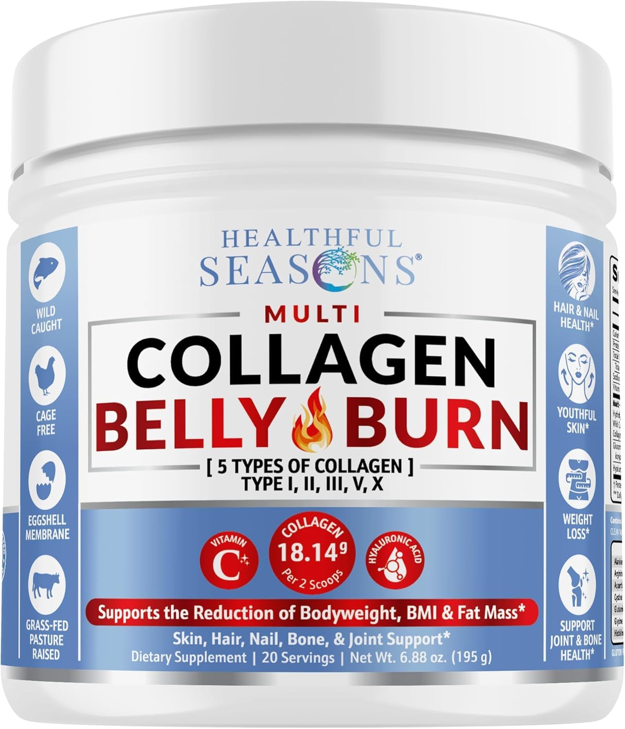 Healthful Seasons Multi Collagen Belly Burn: Hydrolyzed Peptides Powder with Hyaluronic Acid and Vitamin C + L-Carnitine and Glucomannan - Unflavored
