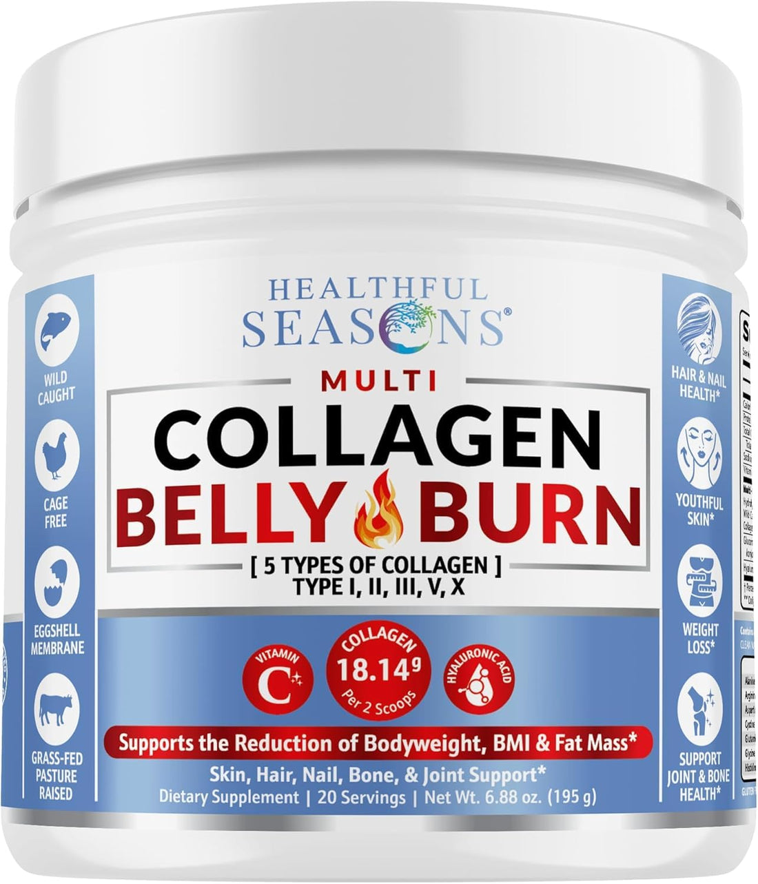Healthful Seasons Multi Collagen Belly Burn: Hydrolyzed Peptides Powder with Hyaluronic Acid and Vitamin C + L-Carnitine and Glucomannan - Unflavored