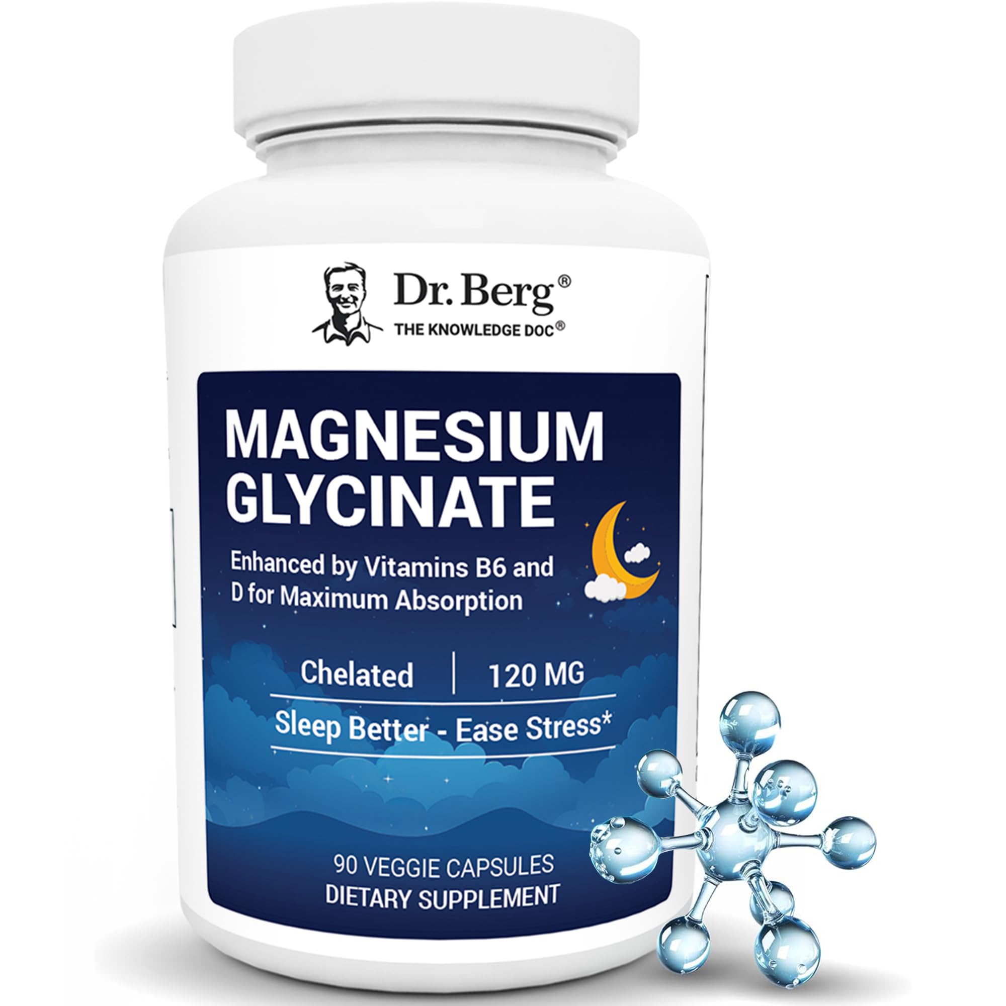 Dr. Berg Magnesium Glycinate with Vitamin D, B6 & Zinc for Stress Relief, Calm, Relaxation, & Good Sleep* - 120 mg Per Magnesium Bisglycinate Capsule - Chelated Magnesium Glycinate - 90 Caps