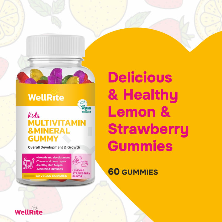 Wellrite Kids Multivitamin & Mineral Gummy Vitamins which Provide Overall Development & Growth, 60 Count, Lemon & Strawberry Flavored, Vegan, Gelatin Free, Gluten Free, Nut Free