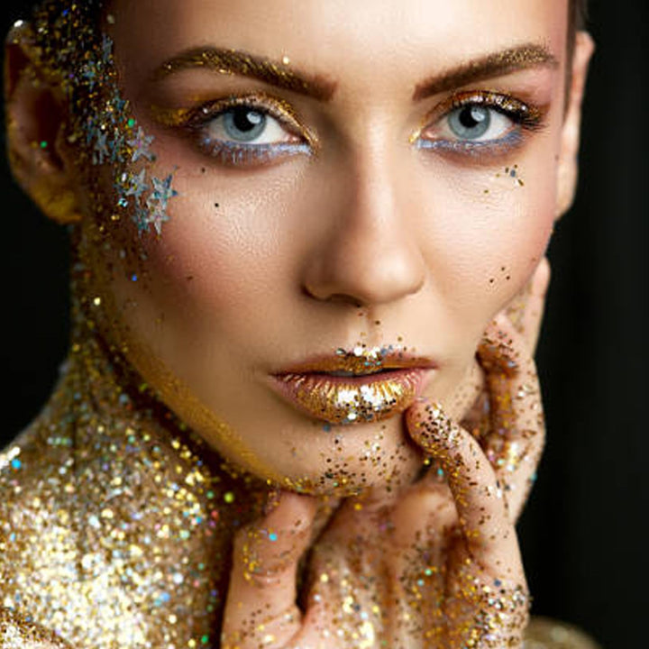 MEICOLY Gold Body Glitter,Music Festival Outfits for Women,Face Glitter Gel Festival Accessories,Chunky Glitter Face Paint,Mermaid Sequins Hair Glitter Makeup,Sparkle Body Glitter Gel for Women Kids