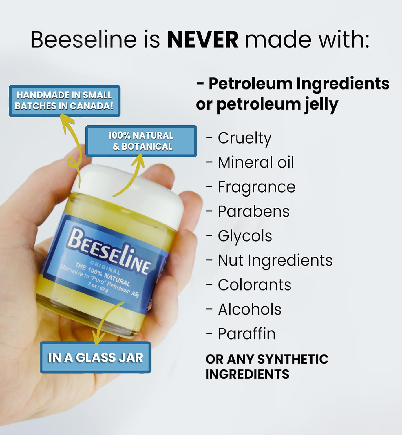 Beeseline Original - 100% Natural & Hypoallergenic Alternative to Petroleum Jelly - Lips, Hands, Baby, Makeup Remover and More (Glass Jar) (2 oz)