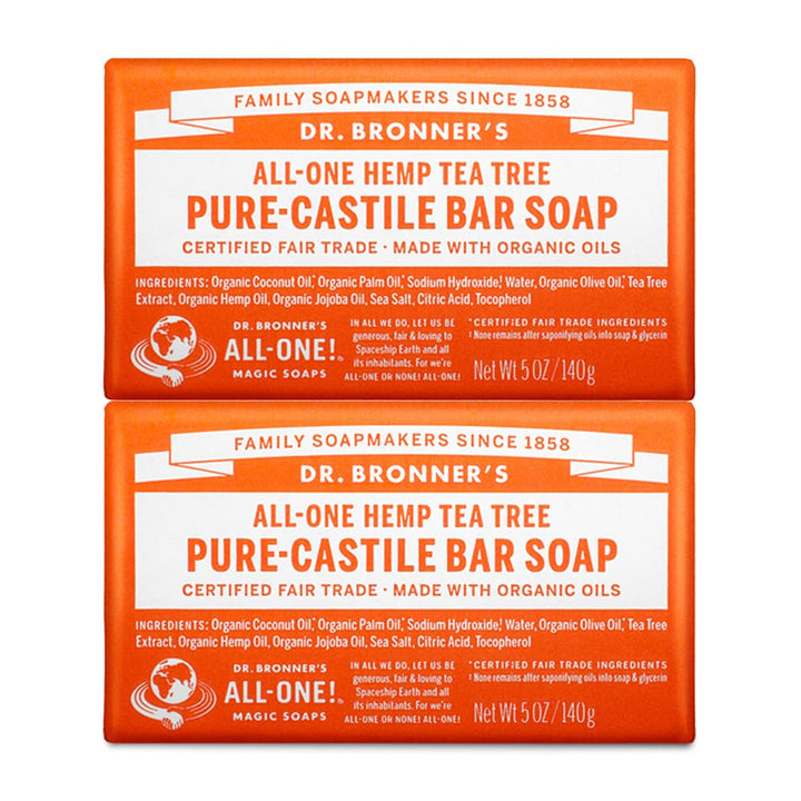Dr. Bronner's - Pure-Castile Bar Soap (Tea Tree, 5 ounce, 2-Pack) - Made with Organic Oils, For Face, Body, Hair and Dandruff, Gentle on Acne-Prone Skin, Biodegradable, Vegan, Non-GMO