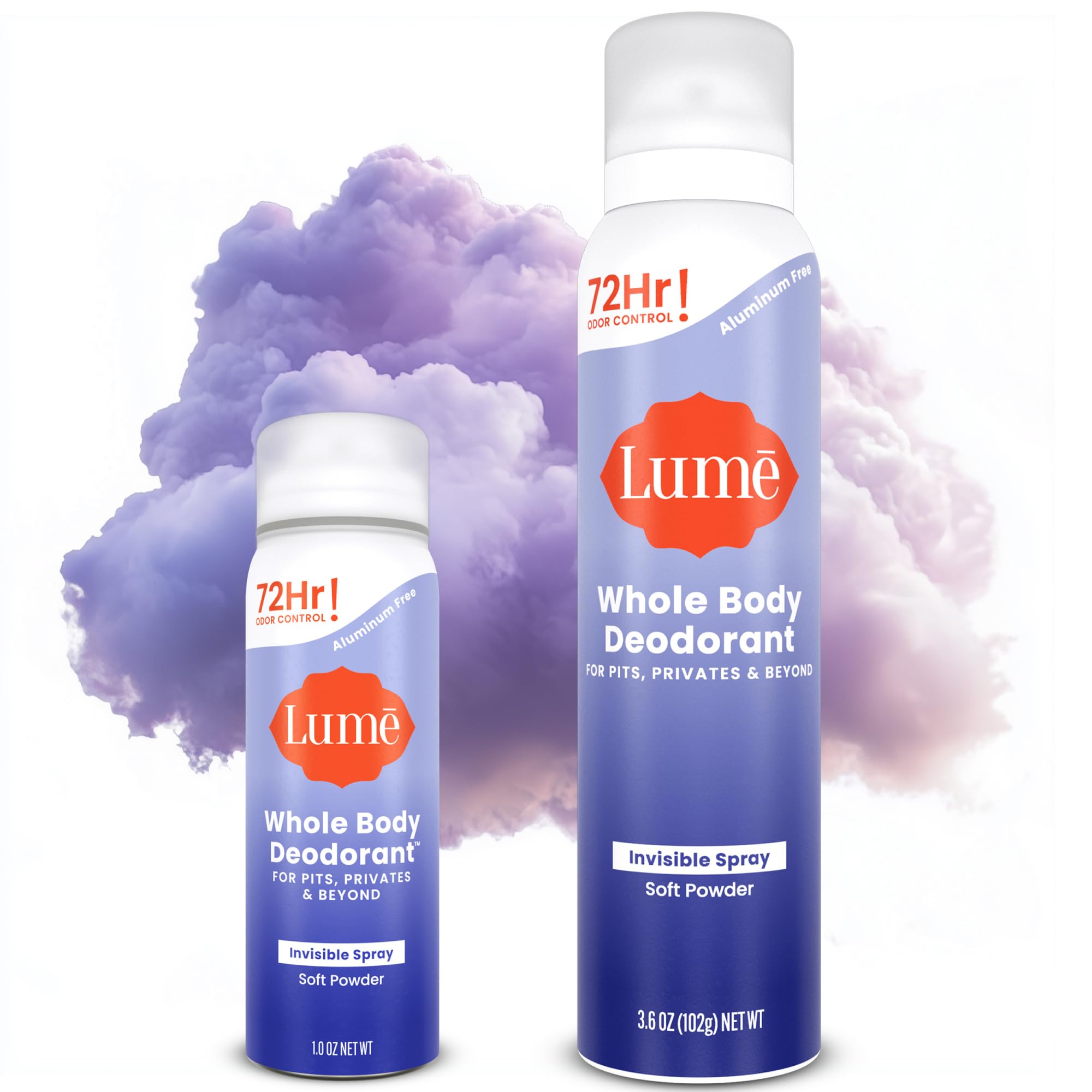 Lume Invisible Spray Deodorant For Women - Deodorant Spray + Mini Bundle - 72 Hr Odor Control - Ozone Friendly - Aluminum & Baking Soda Free, Skin Loving - 3.6 ounce + 1.0 ounce Mini (Soft Powder)