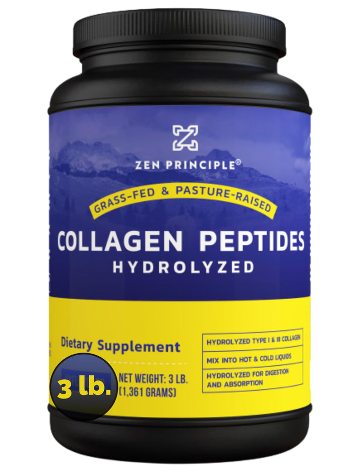 Zen Principle Grass-Fed Collagen Peptides 3 lb. Custom Anti-Aging Hydrolyzed Protein Powder for Healthy Hair, Skin, Joints & Nails. Paleo and Keto Friendly, GMO and Gluten Free, Pasture-Raised Bovine.