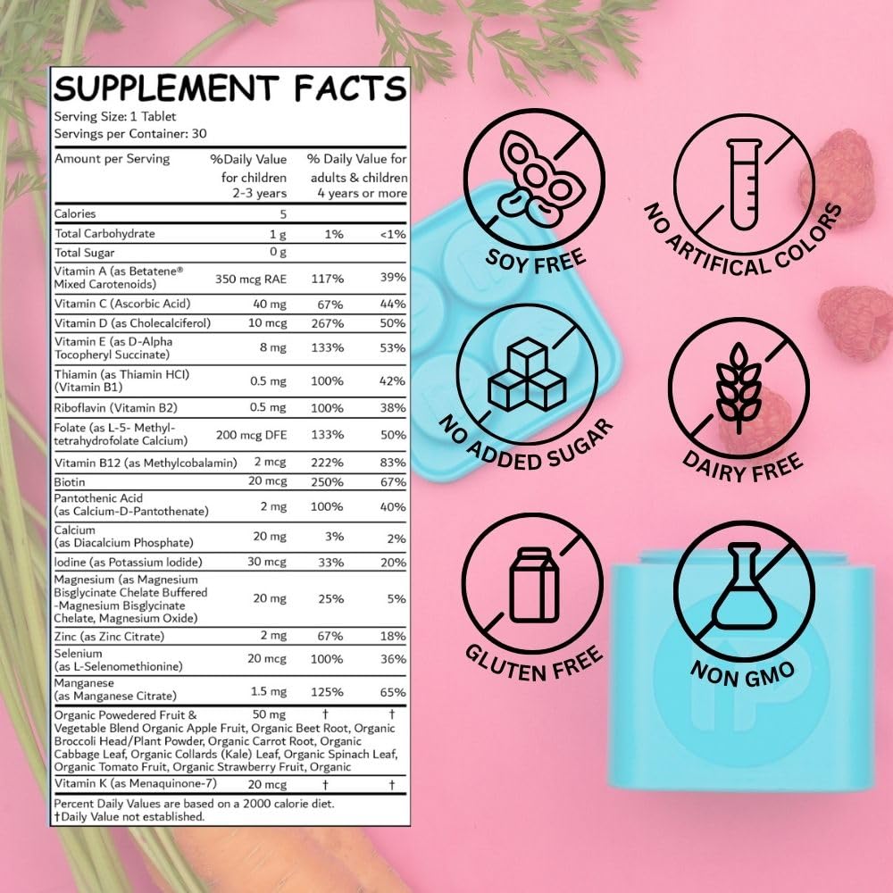 Upright Nutrition Kids Multivitamin | Chewable | Sugar-Free | Vitamins A, C, D3, E, K, B1, B2, B5, B7, & B12 | Calcium, Zinc, and Magnesium for Overall Health | Fruit Punch Flavor | 30 Day Supply