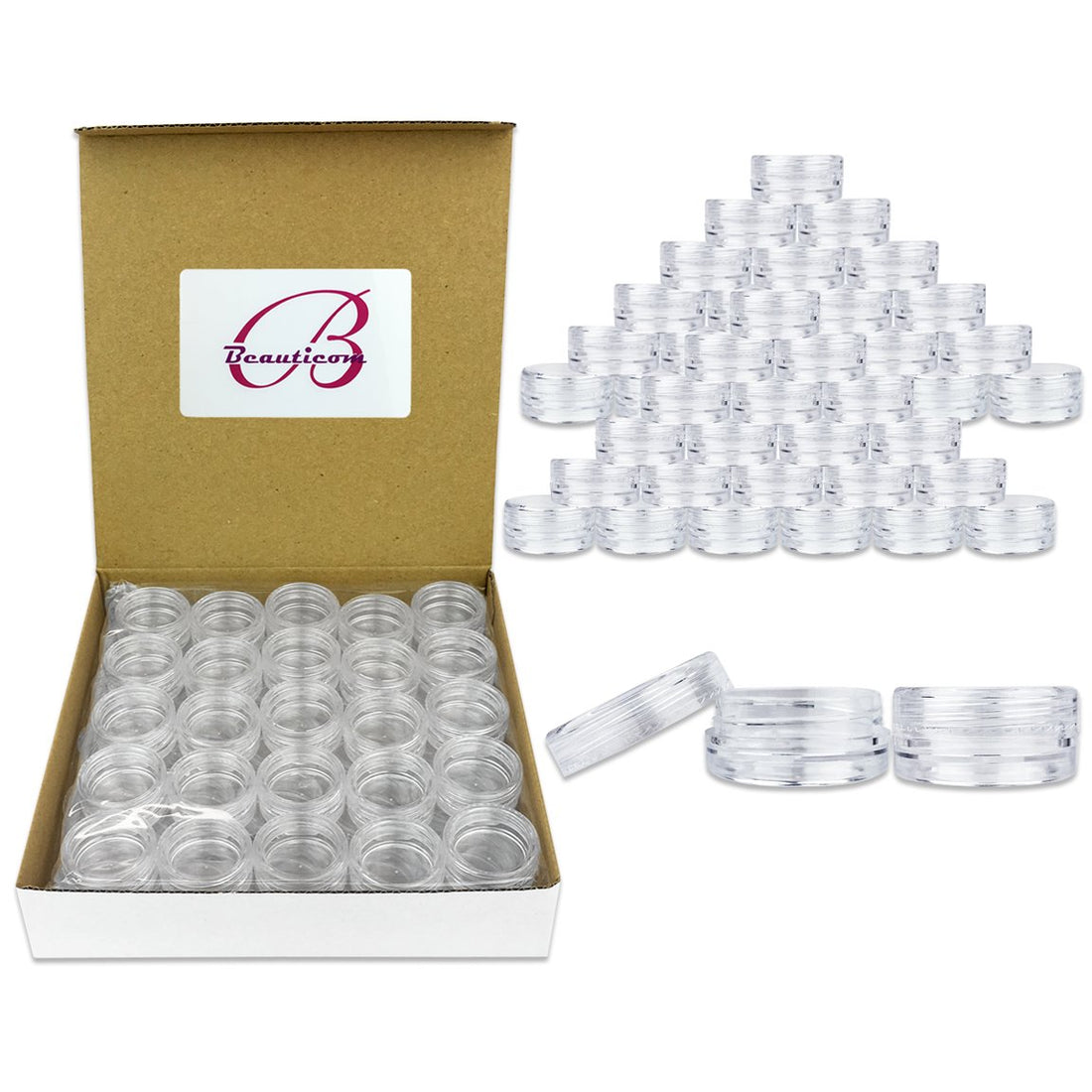 Beauticom 3 Gram or 3 ML Round Clear Screw Cap Lid with Clear Base Jar (Quantity: 100 Pieces)