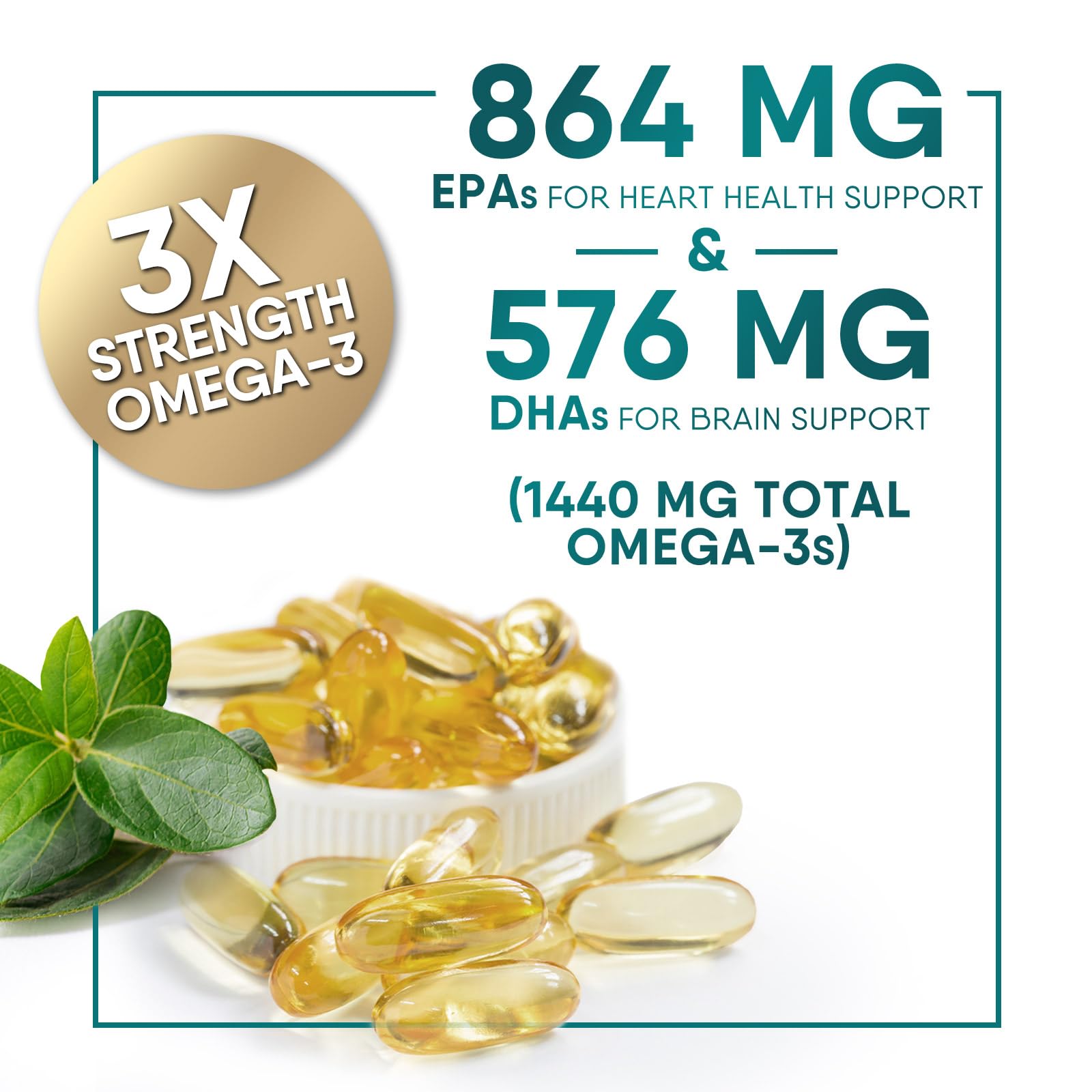 Omega 3 Fish Oil 2400 mg Supplement, Triple Strength Omega-3 Supplement Softgels, Brain & Heart Health Support, EPA & DHA, Nature's Fish Oil Fatty Acids Supplements, Gluten Free, Non-GMO, 180 Softgels