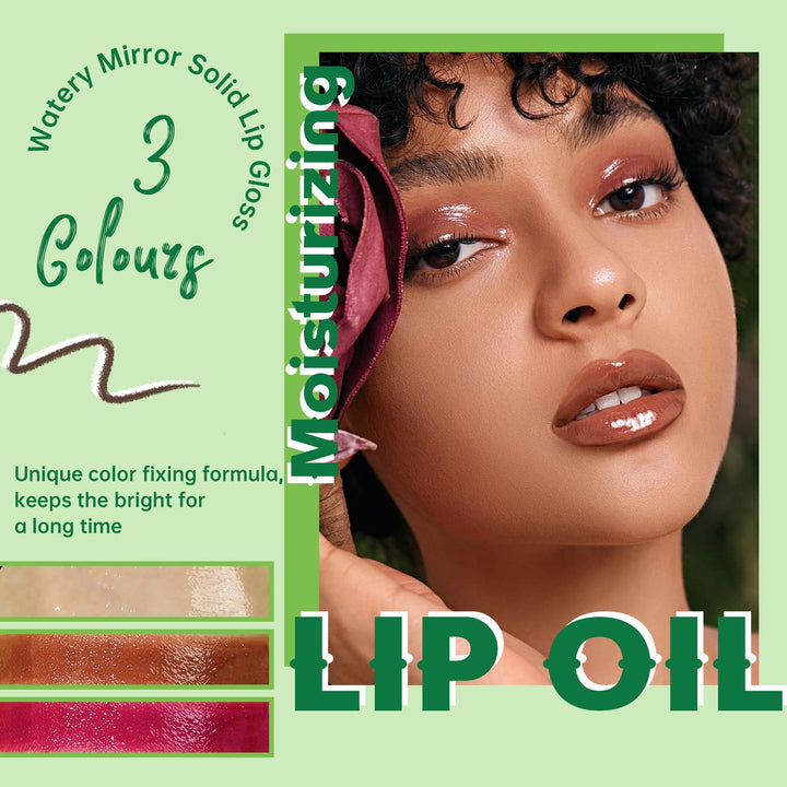 HOSAILY Moisturizing Solid Lip Gloss Jelly Lipstick, 3Color Lip Oil Lip Plumper with Dark Brown Lip Liner Combo, Glossy Lightweight Pigmented Non Sticky Tinted Lip Click Balm Makeup Gift Set for Women