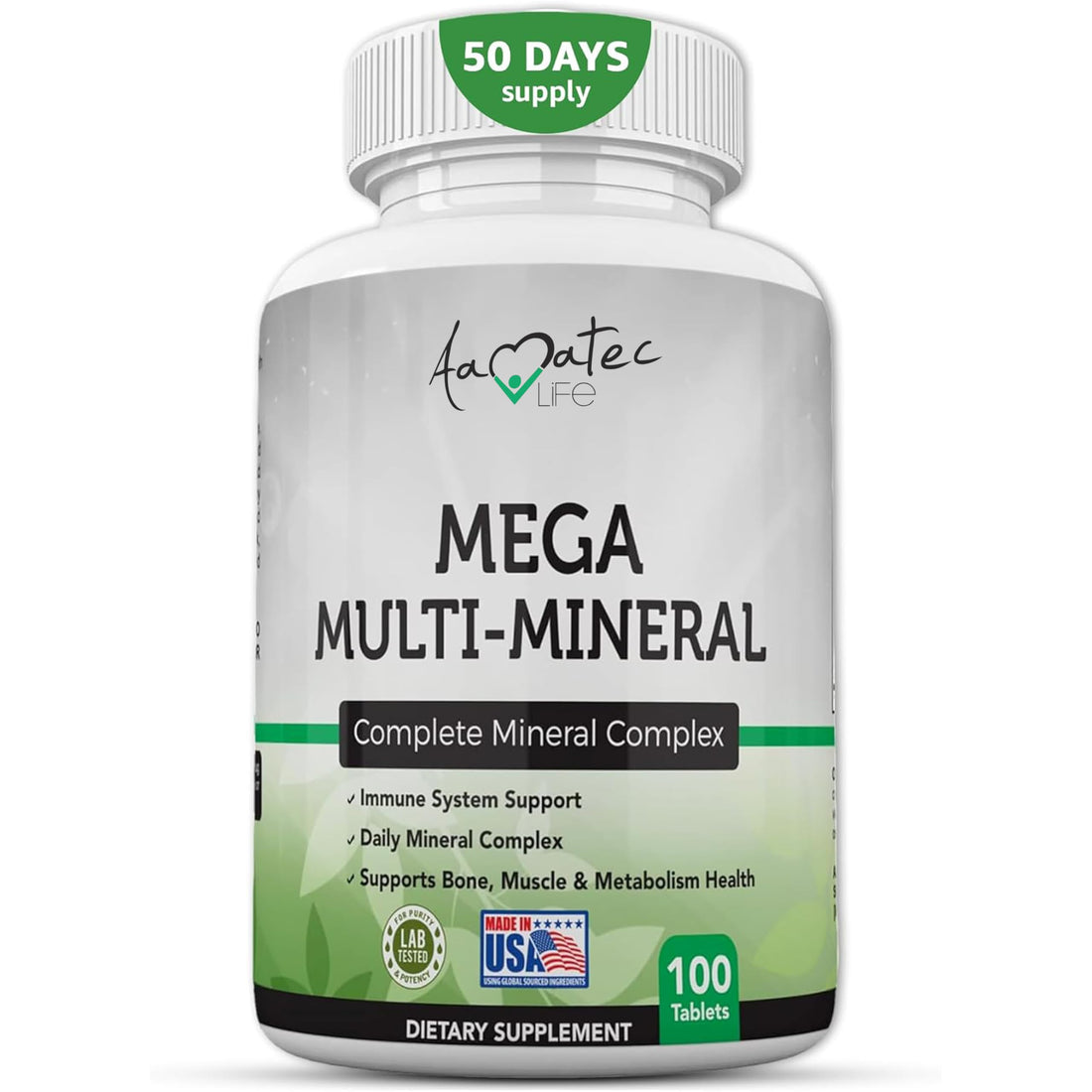 Aamatec Life Multi Minerals Supplement Complete Mineral Complex with Vitamin D3, Calcium, Magnesium, Zinc & Iodine Bone, Muscle, Metabolism & Immune Support Mega Multi-Mineral Supplement 100 Tablets