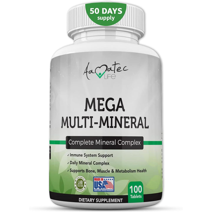 Aamatec Life Multi Minerals Supplement Complete Mineral Complex with Vitamin D3, Calcium, Magnesium, Zinc & Iodine Bone, Muscle, Metabolism & Immune Support Mega Multi-Mineral Supplement 100 Tablets