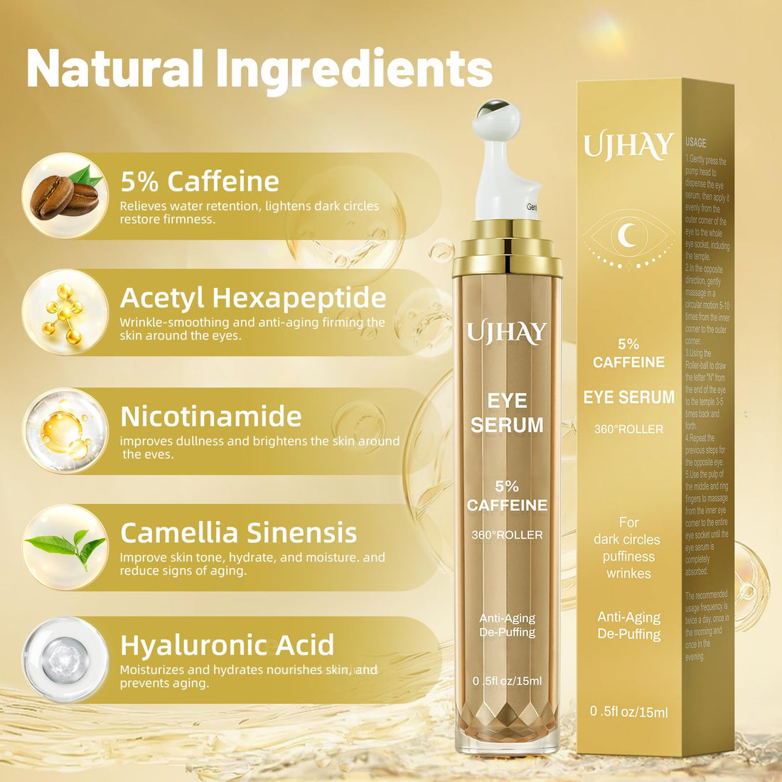UJHAY 5% Caffeine Eye Cream, Under Eye Serum for Dark Circles, Puffiness & Wrinkles Fine Lines, Eye Roller Serum with 360° Massage Ball, Eye Treatment Balm for Men & Women