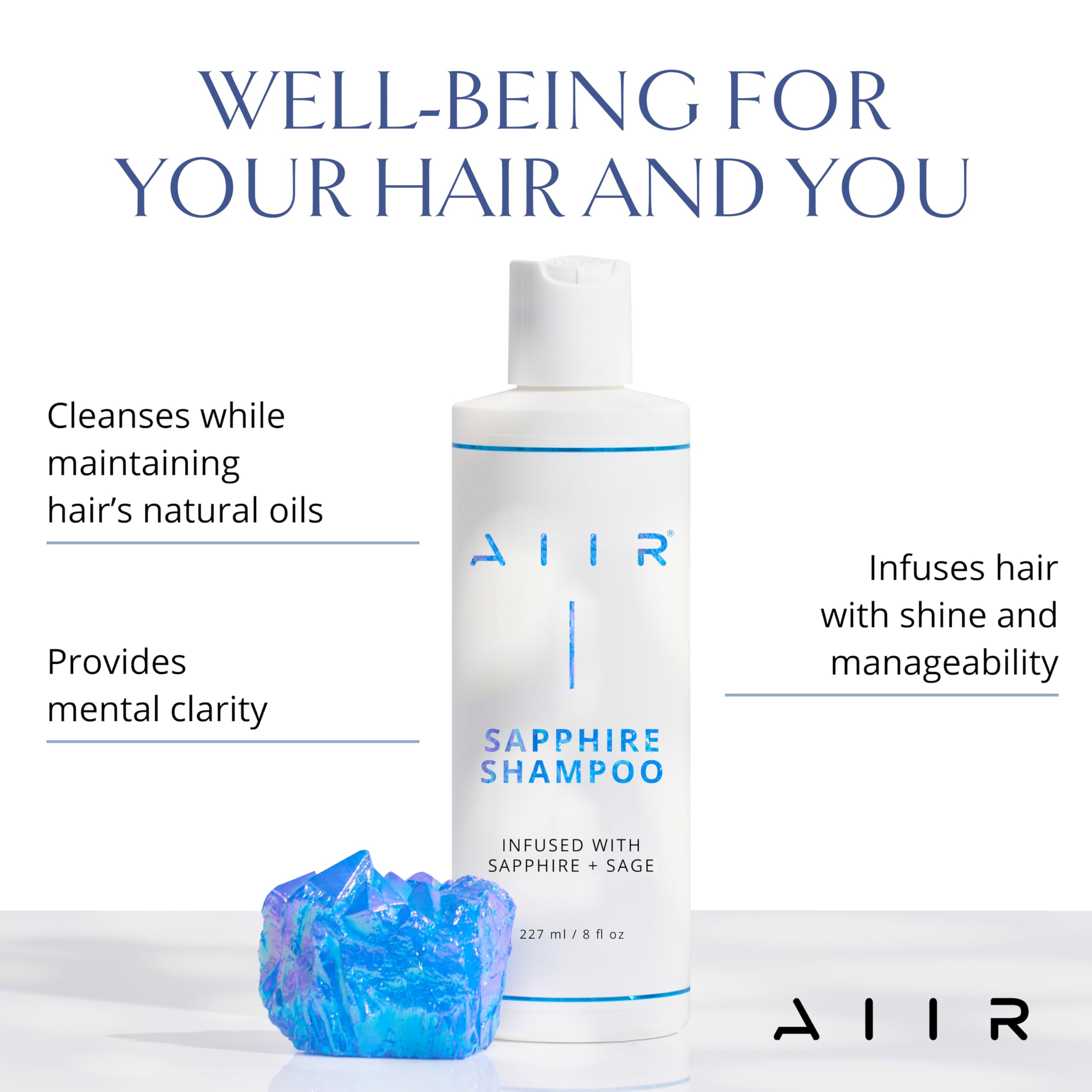 AIIR Sapphire Shampoo - Natural Hair Growth & Shine Formula - Crystal Infused, Vegan, Sulfate-Free, Color-Safe Professional Hair Care - 8 oz