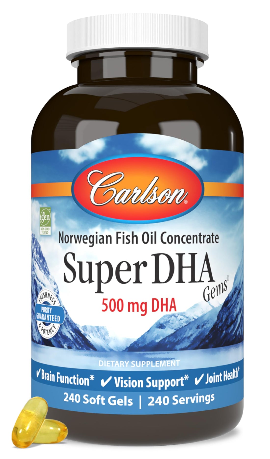 Carlson Super DHA Gems - 500 mg DHA Supplements, 640 mg Fatty Acids, Norwegian Fish Oil Concentrate, Wild-Caught, Sustainably Sourced Fish Oil Capsules, 240 Softgels