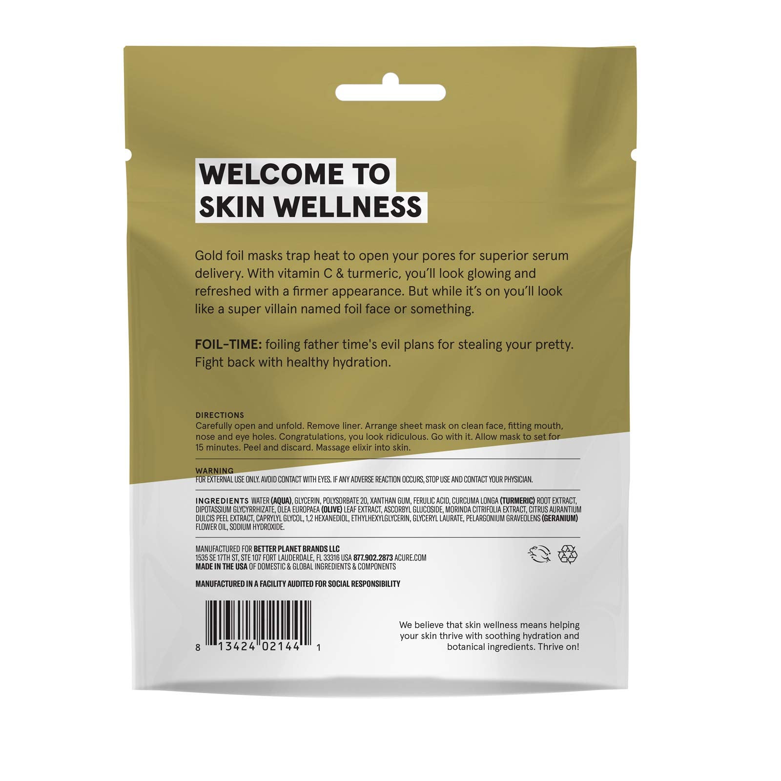 ACURE Foil Time Firming Gold Foil Mask Single, 0.67 Fl Oz