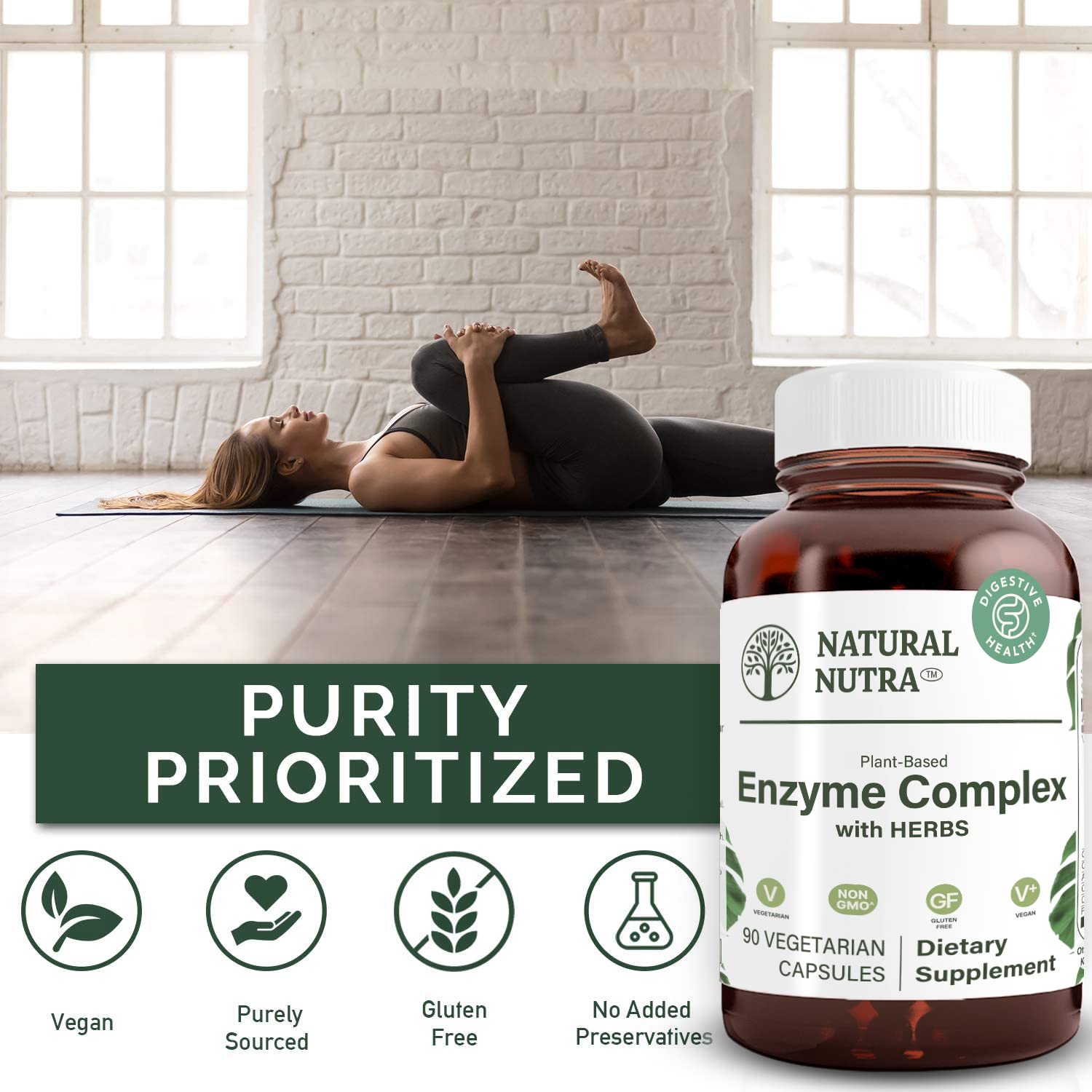 Natural Nutra Plant Based Digestive Enzyme Complex with Herbs, Better Digestion and Improve Nutritional Absorption, Provides Natural Gas Comfort, Helps Prevent Bloating, 90 Vegan Capsules