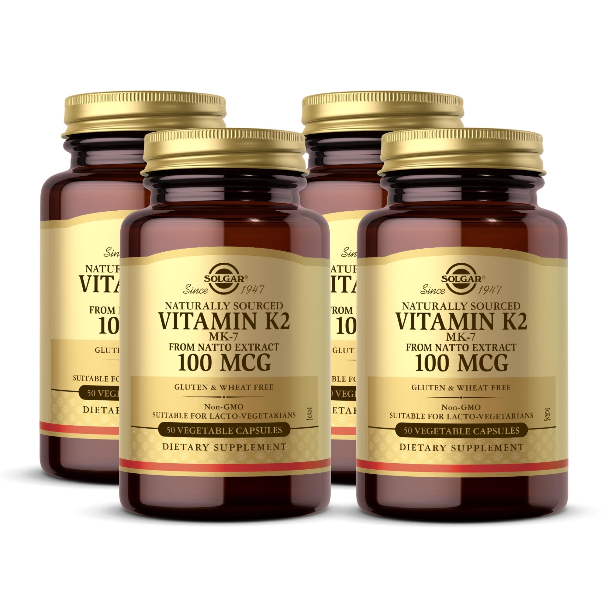 Solgar Naturally Sourced Vitamin K2 (MK-7) 100 mcg - 50 Vegetable Capsules, Pack of 4 - Supports Bone Health - Whole Food Source from Natto Extract - Non-GMO, Gluten Free - 200 Total Servings