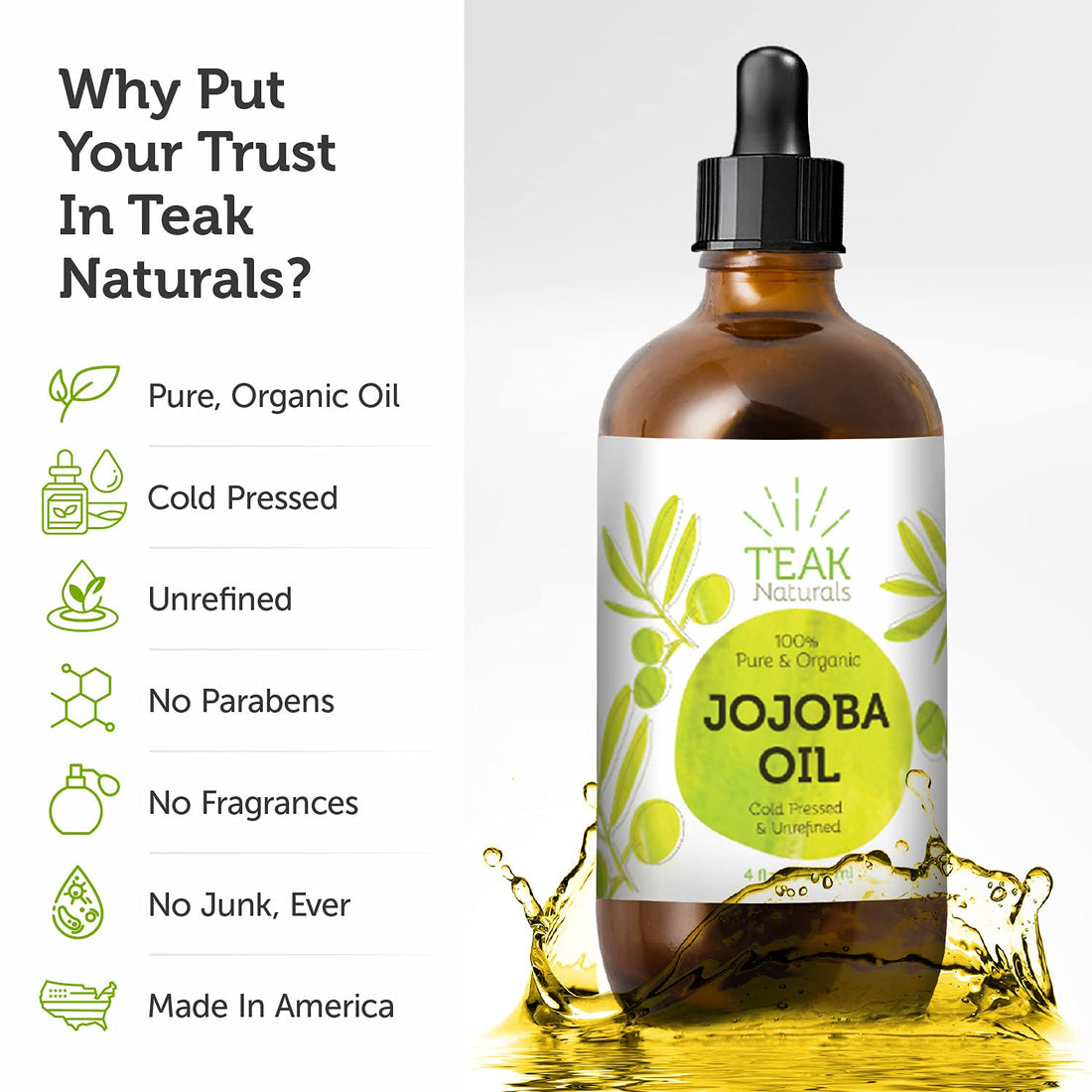 100% ORGANIC Teak Naturals Jojoba Oil - 4 oz - Pure Cold Pressed Unrefined Natural - Made In The USA