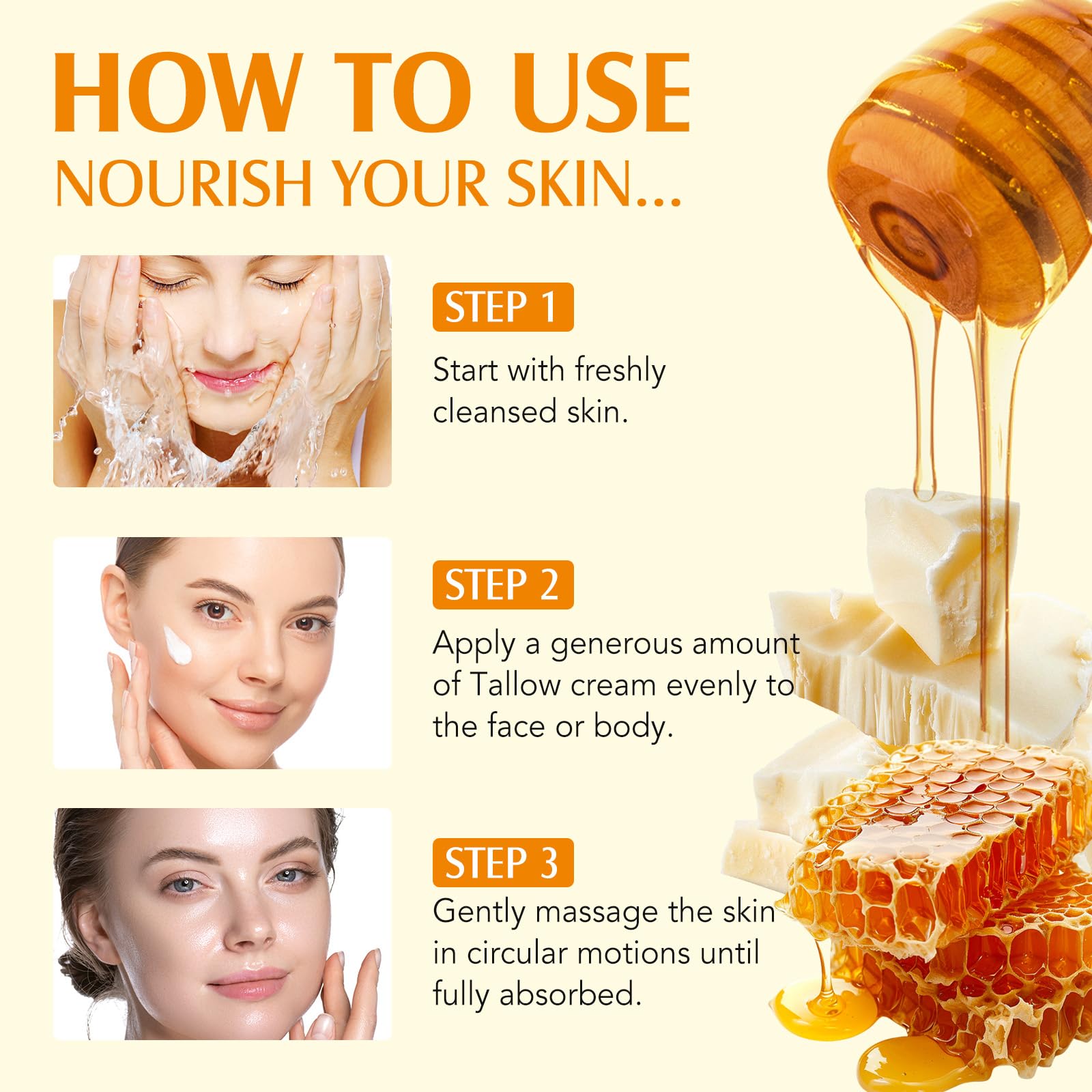 Meifenla Beef Tallow for Skin, Tallow and Honey Cream Natural Tallow Face Moisturizer, Organic Hydrating Beef Tallow Balm Deeply Moisturizing for Face & Body Skin Care