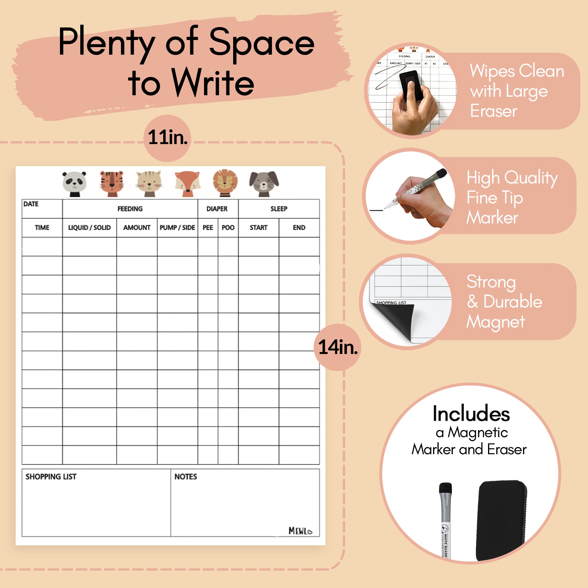 Mewl Baby Daily Log Whiteboard - Reusable Baby Tracker to Log Feeding, Diapers & Sleep - Newborn Baby Journal & Schedule Chart for New Parents, Nanny, Babysitter - Pregnancy & New Mom Gift