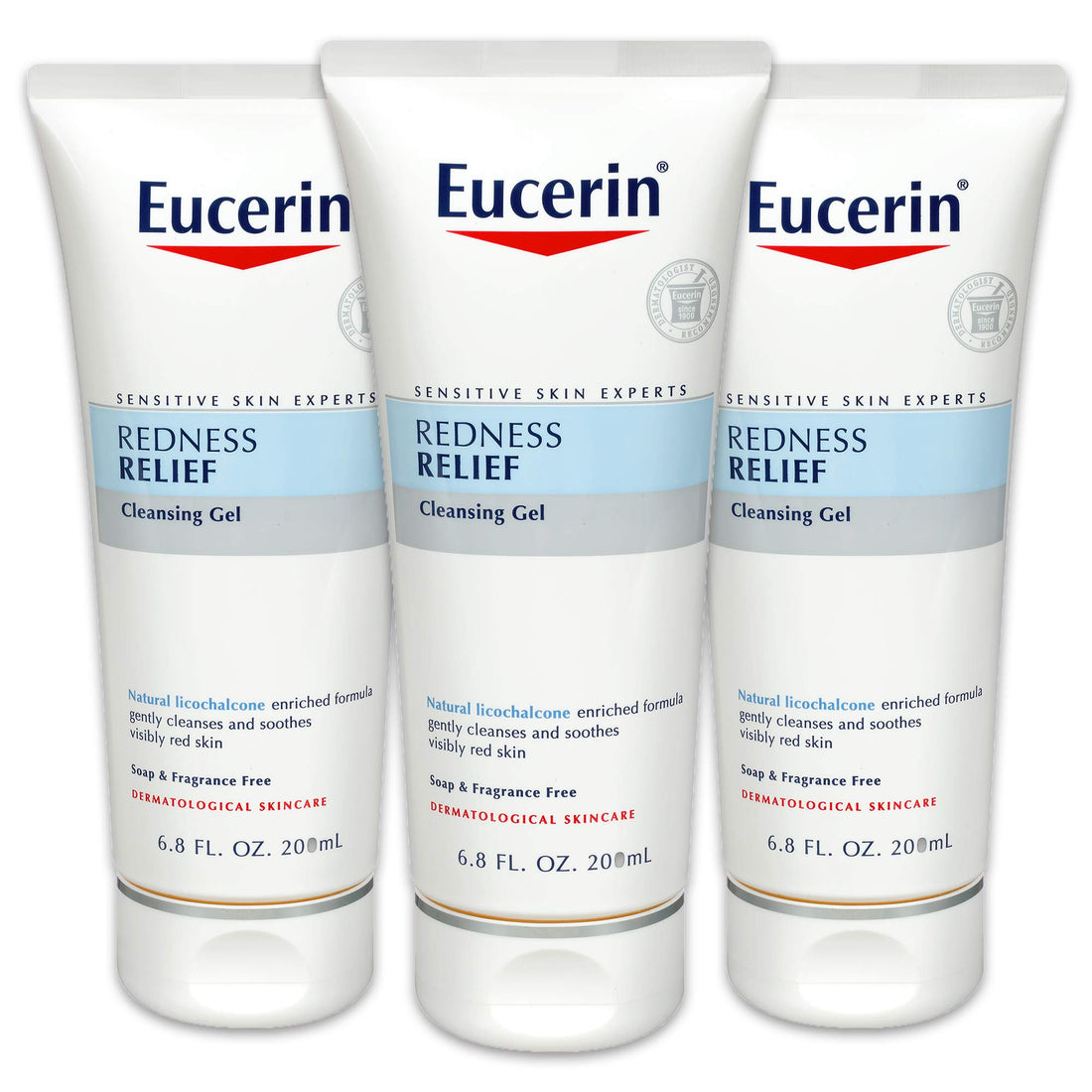 Eucerin Redness Relief Cleansing Gel - Fragrance Free, Gently Cleanses Sensitive Skin - 6.8 fl. oz. Tube (Pack of 3)