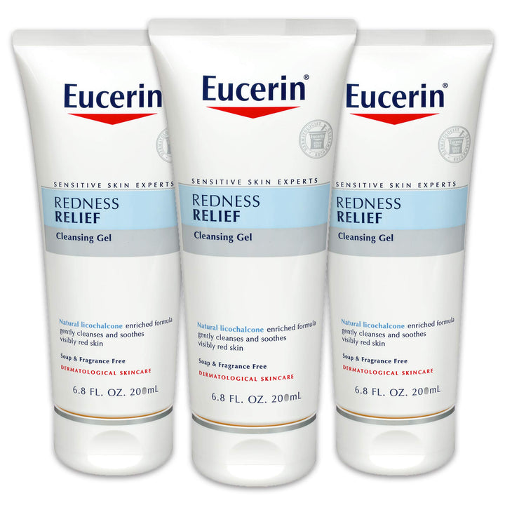 Eucerin Redness Relief Cleansing Gel - Fragrance Free, Gently Cleanses Sensitive Skin - 6.8 fl. oz. Tube (Pack of 3)