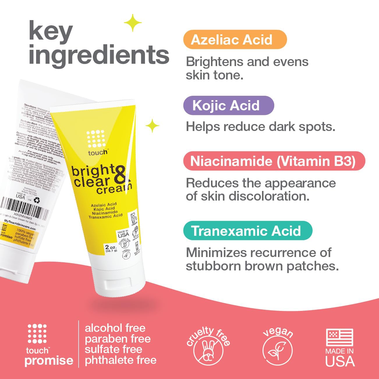 TOUCH Skin Bright Cream for Dark Spots on Face - Azelaic Acid with Kojic Acid, Tranexamic Acid, & Niacinamide – Age Spot, Sun Spot, and Melasma