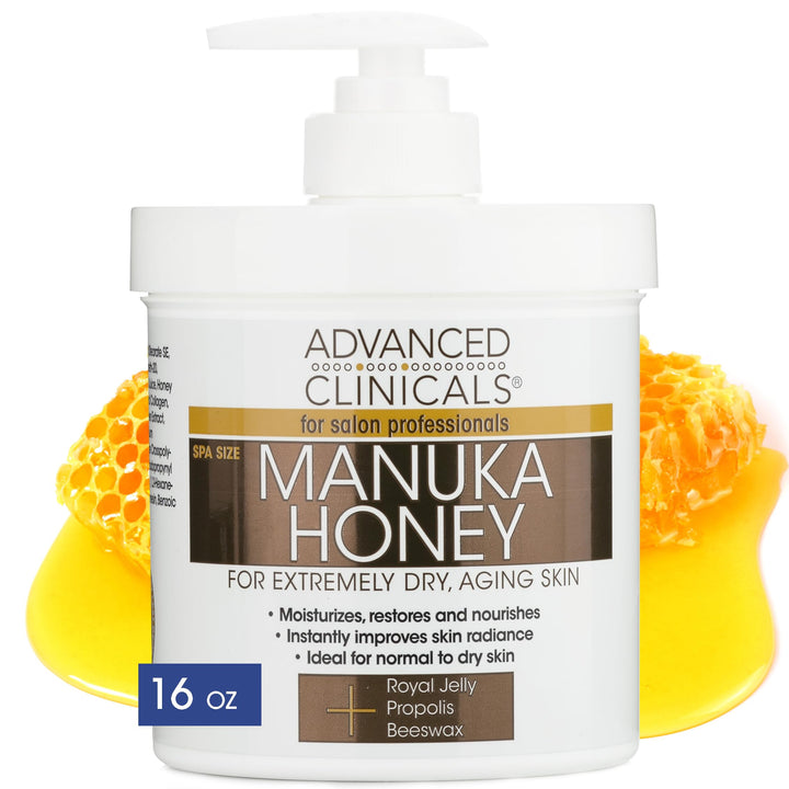 Advanced Clinicals Manuka Honey Cream for Extremely Dry, Aging Skin For Face, Neck, Hands, and Body. Spa Size 16oz.