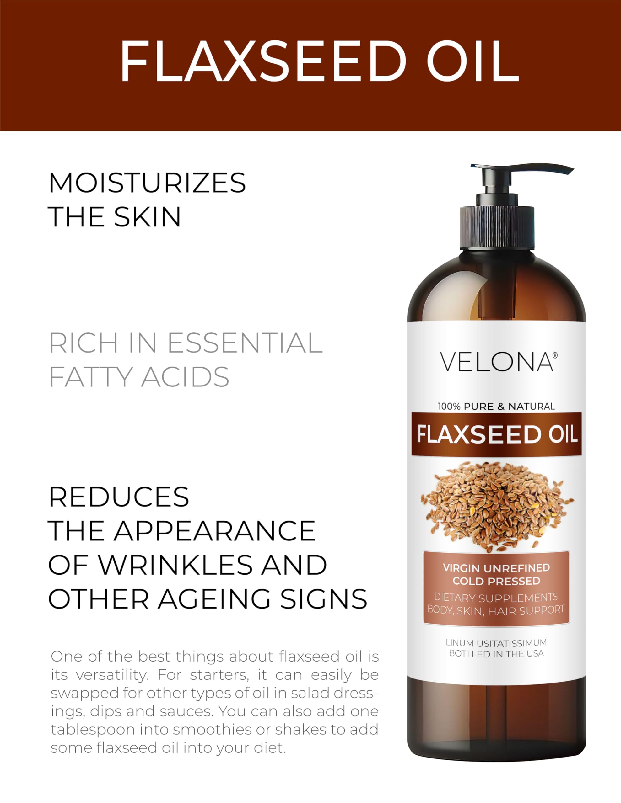 velona Flaxseed Oil - 16 Fl Oz | 100% Pure and Natural Carrier Oil | Unrefined, Cold Pressed | Hair Growth, Body, Face & Skin Care | Use Today - Enjoy Results